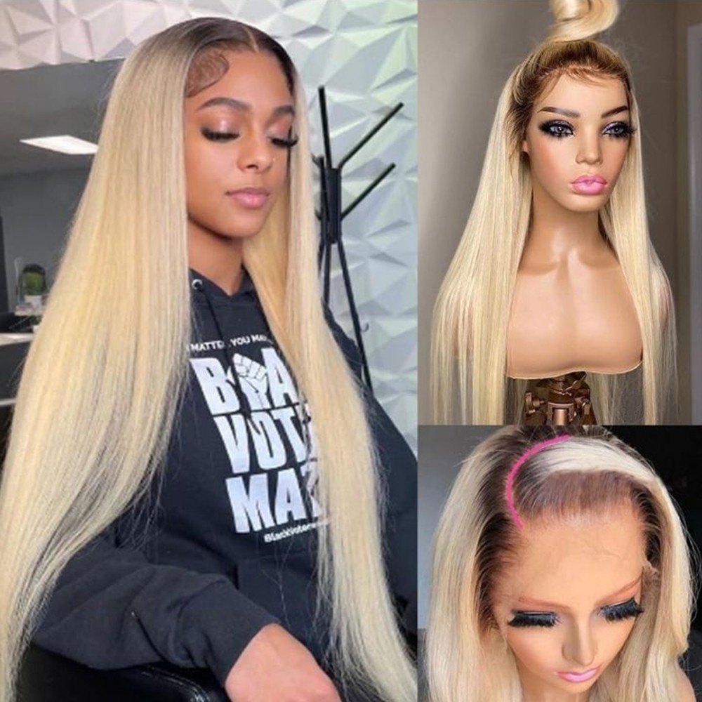 Ombre Brown Blonde Synthetic Lace Front Wigs Long Straight Hair Heat Safe Women