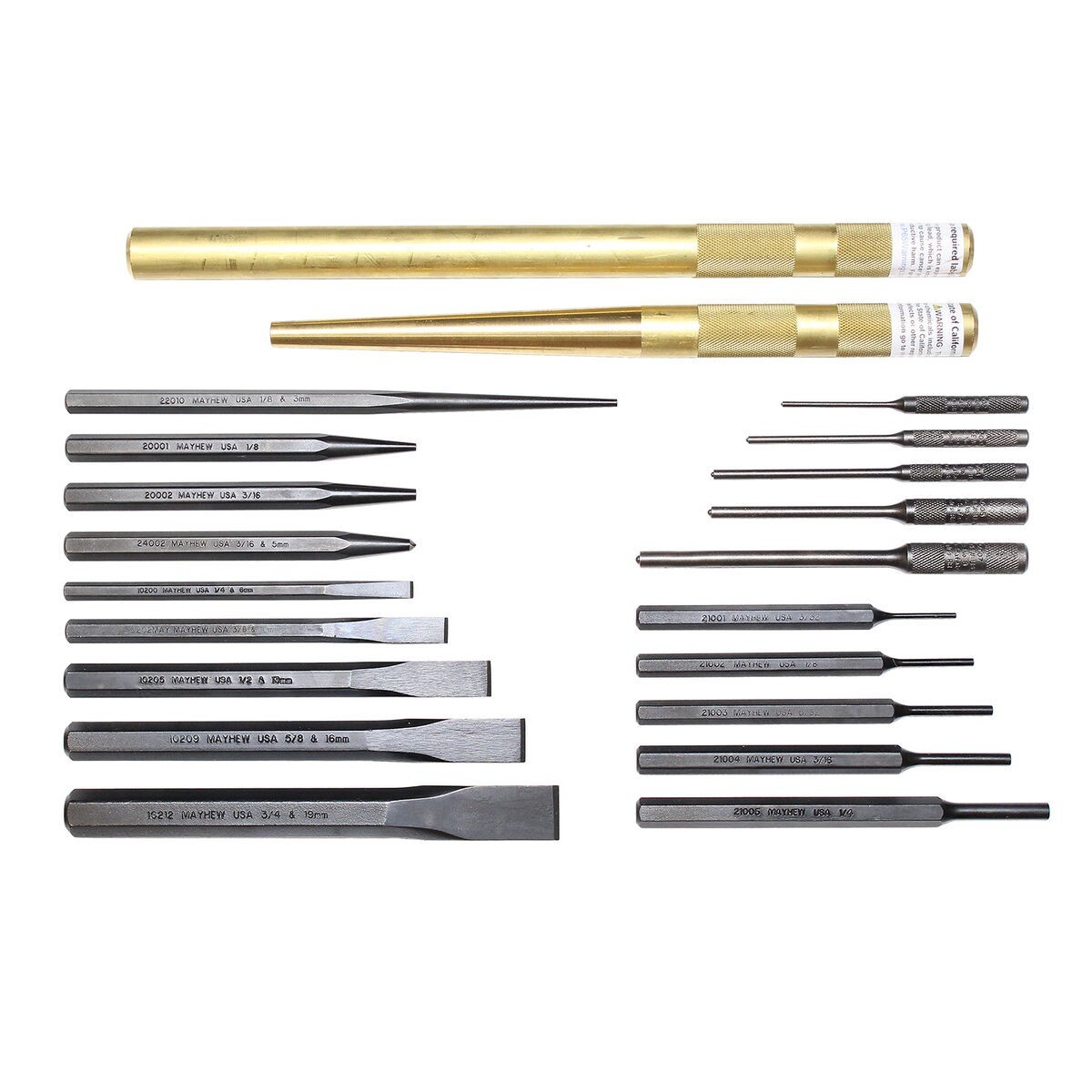Mayhew 21pc Punch and Chisel Set 60210F w Foam Block Pilot Pin Solid Made in USA