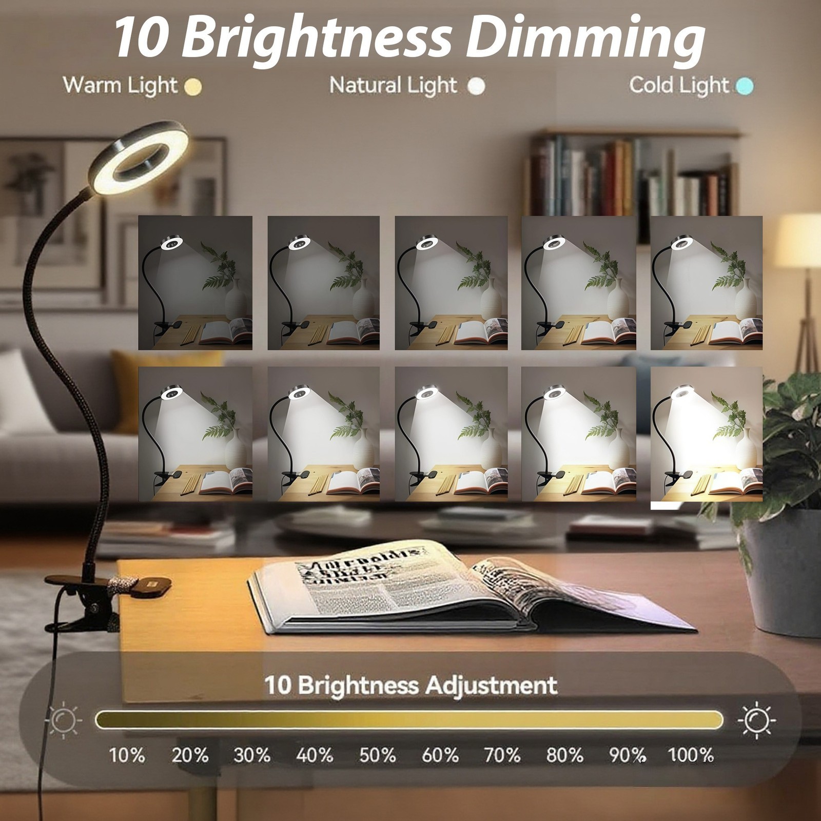 10X Magnifying Glass with Light Clip On Desk Magnifier 48 LED 3 Modes Dimmable