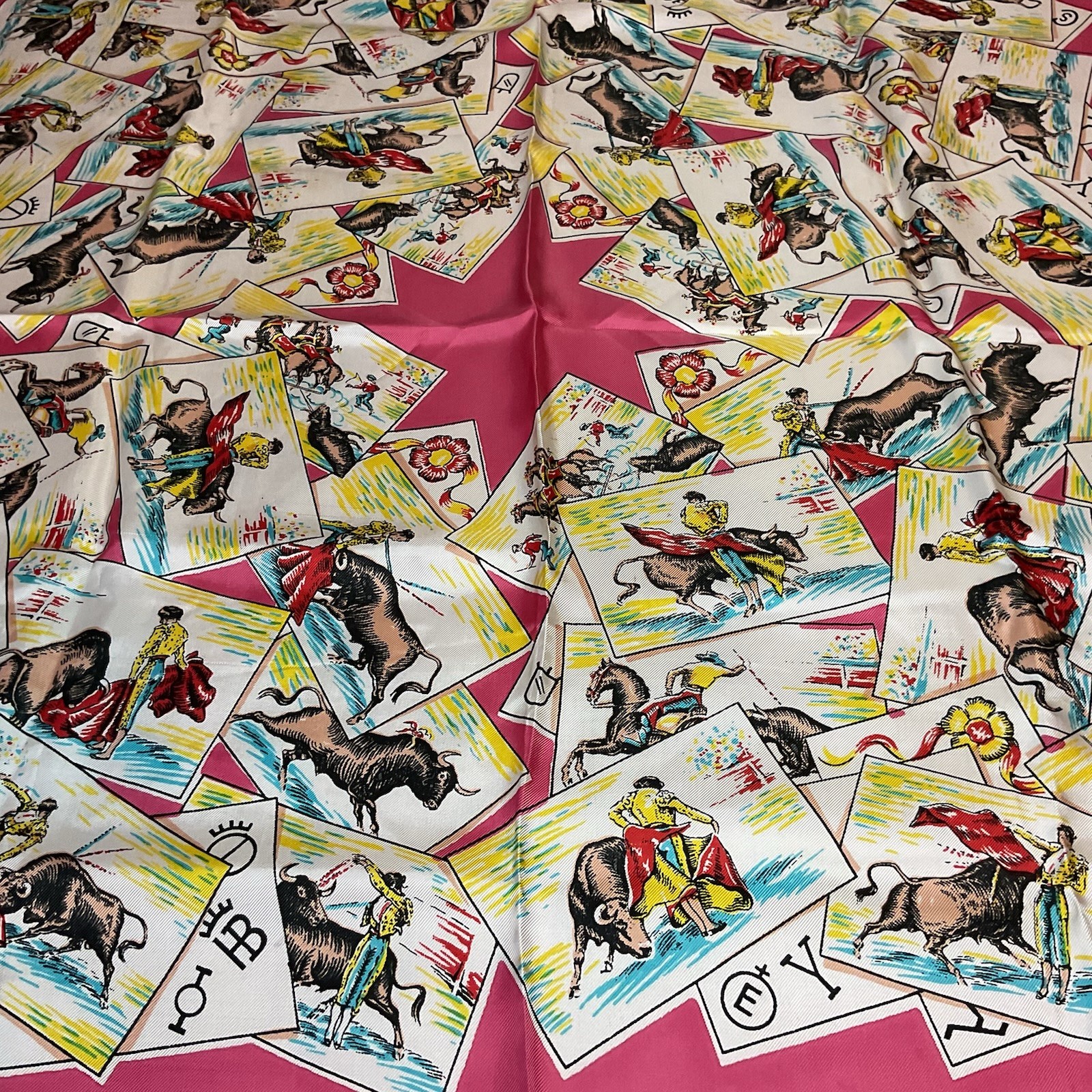 Vintage J Ruiz Scarf Matador Bull Fighter Pink Table or Fashion Large 34 inch Sq