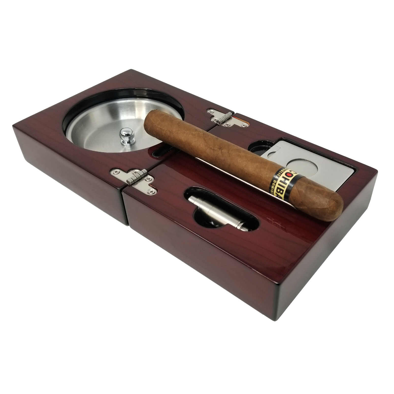 Wood Folding Low Luster,Cigar Ashtray with Guillotine Cutter & Bullet Punch Set