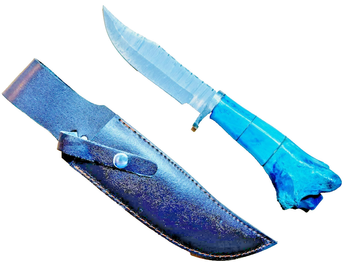 Blue Stag Bone Handle Damascus Fixed Blade Knife, Custom Made