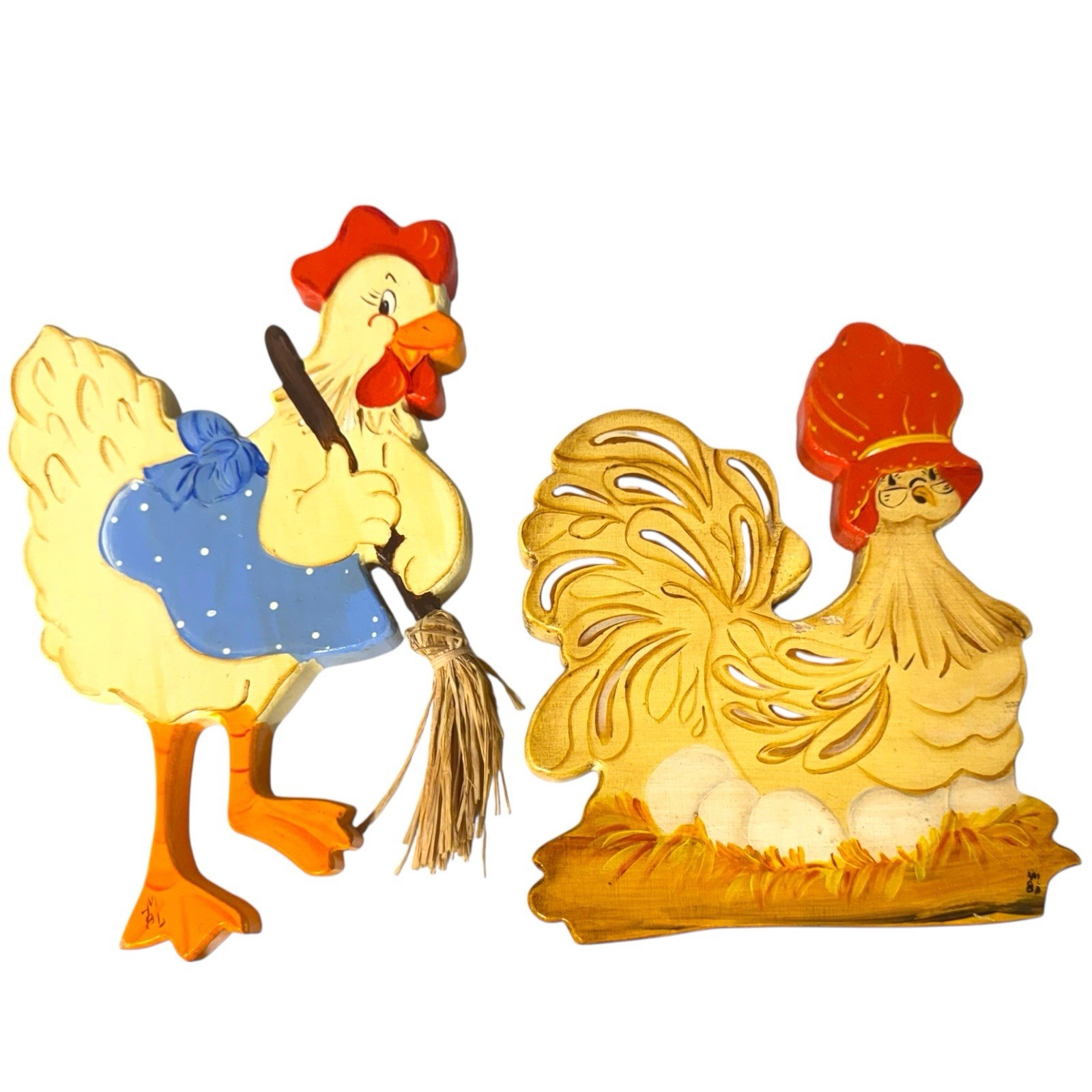 Vintage 80s Wooden Hen Wall Art Anamorphic Animals Pair Glazed Hand Painted