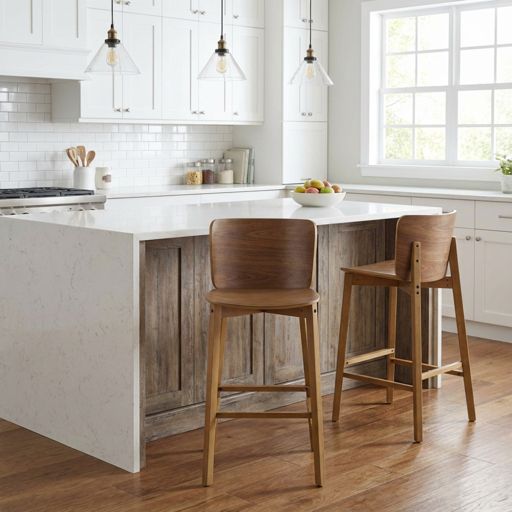 Bar Stools Set of 2, Walnut Brown Ergonomic Bentwood Back Kitchen Island Stools