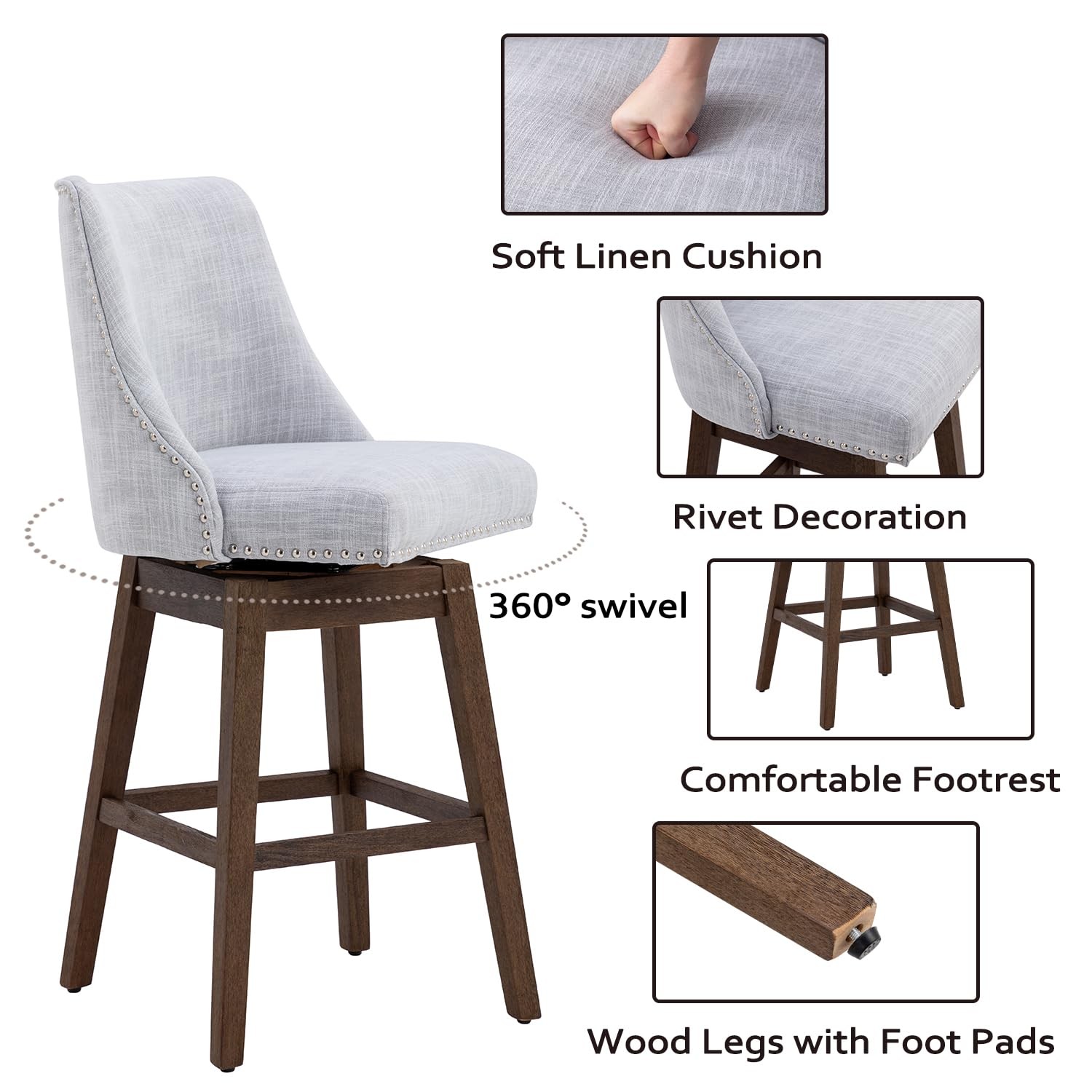 二十世纪中叶现代旋转吧凳,27 英寸,木腿,舒适亚麻织物