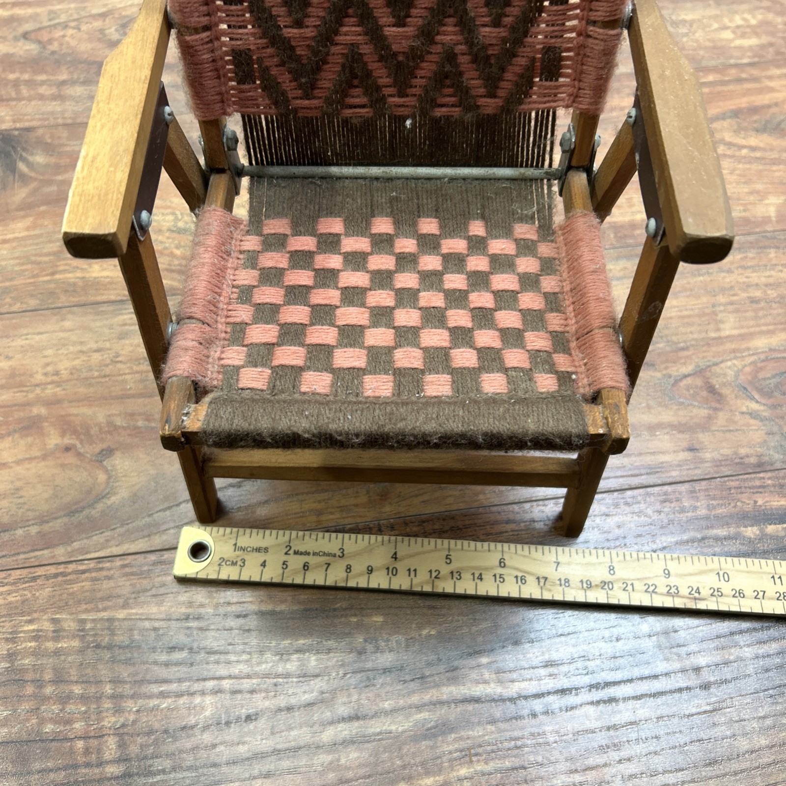 Macrame Wooden Folding Baby Doll Chair Vintage Handwoven Brown Pink ** DOLL SIZE