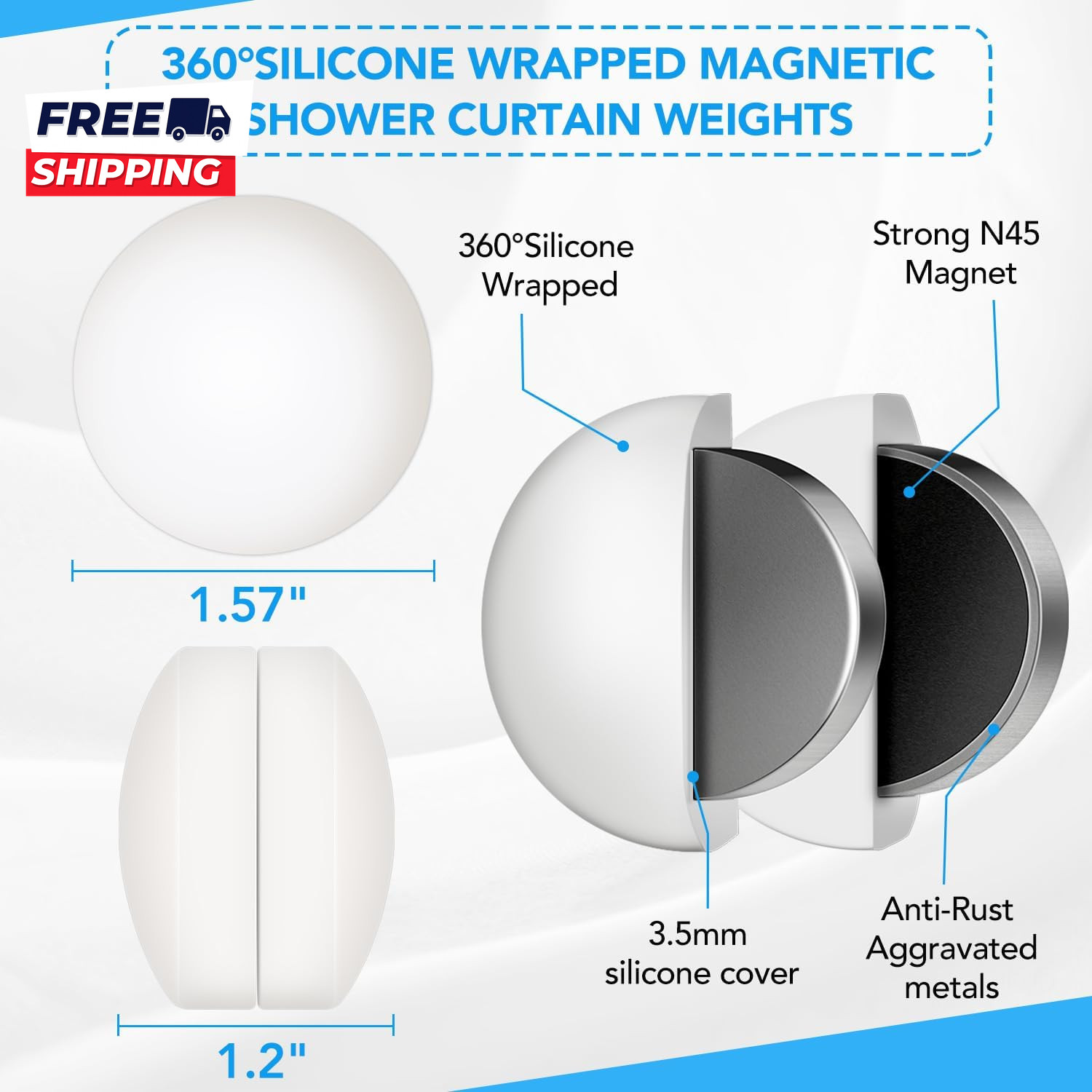 8 Pcs Shower Curtain Weights, Silicone Wrapped Heavy Duty Shower Curtain Magnets