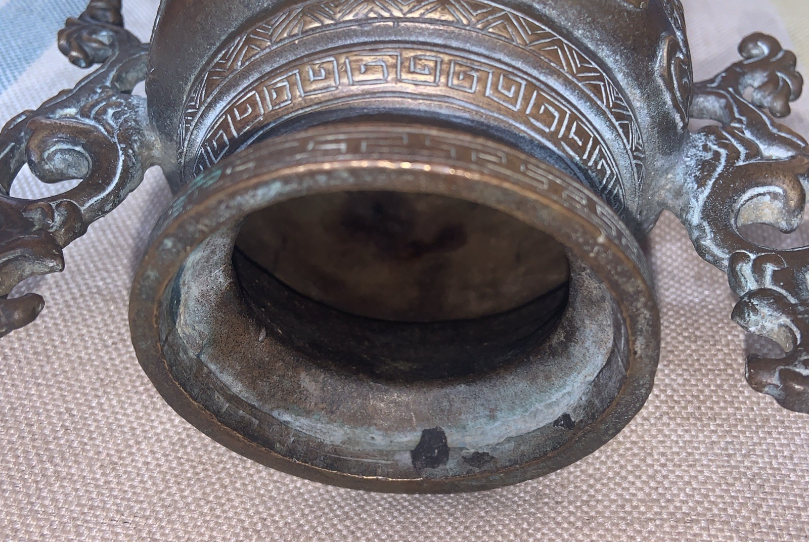 ANTIQUE CHINESE COPPER BASE BRASS DRAGON overlay TRIPOD CENSER SIGNED