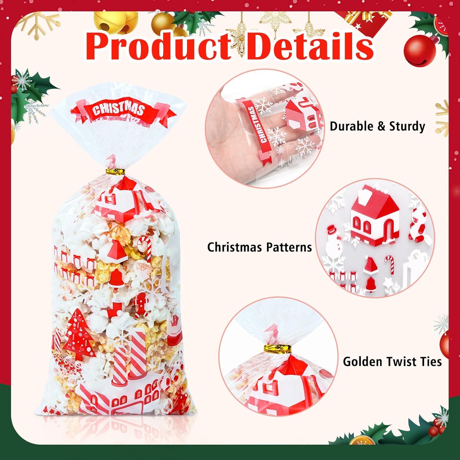 120 Pcs Christmas Cellophane Treat Bags Red Green Holiday Gift Cookie Wrap Sack