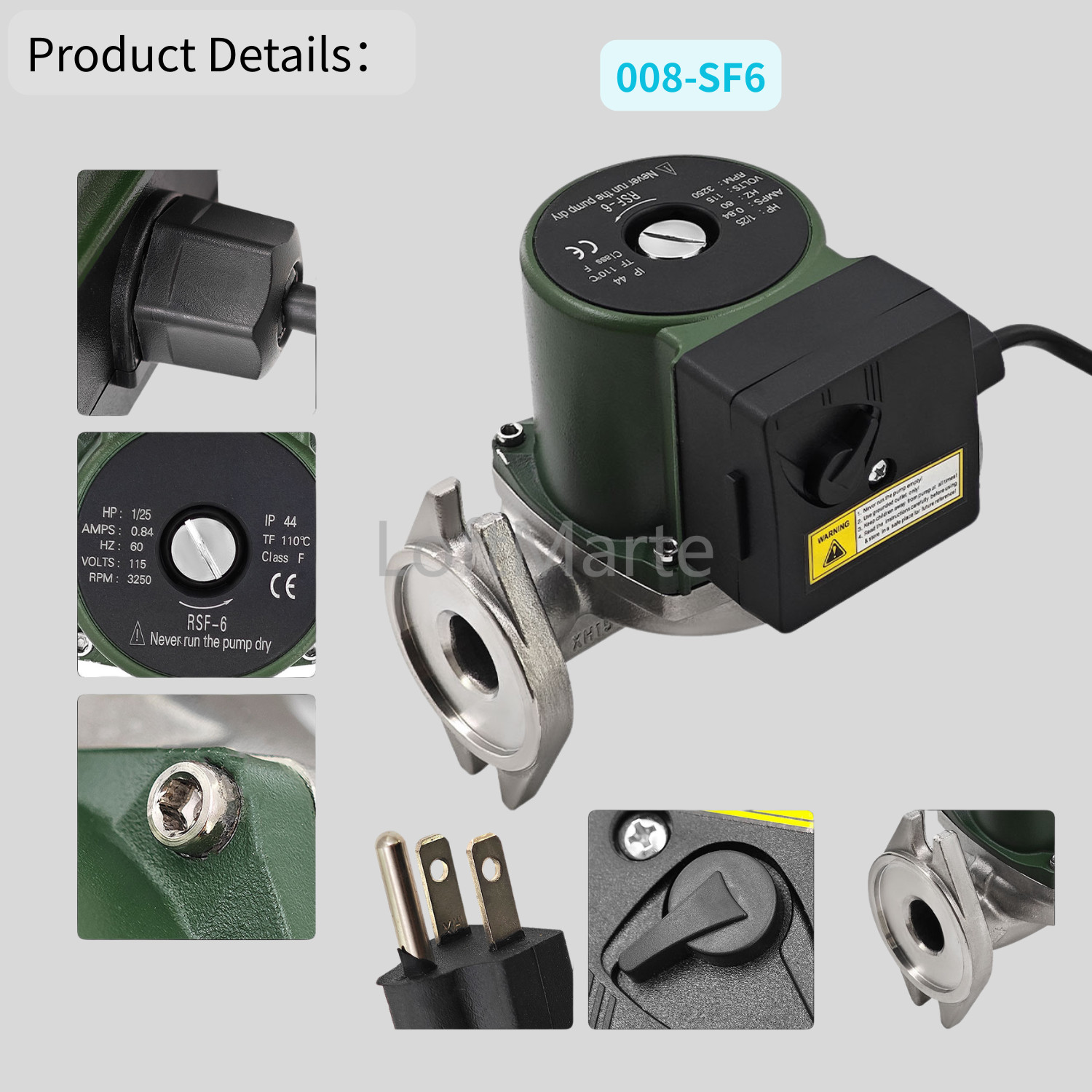 Water Circulator Pump 008-SF6 For Taco 115V 1/25 HP 60HZ 0.84A 125 PSI 3250R