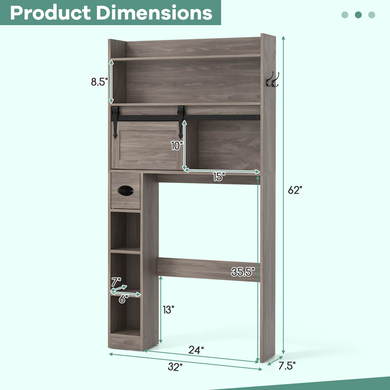 Over The Toilet Storage Cabinet w/ Adjustable Shelves 2 Hooks Sliding Barn Door