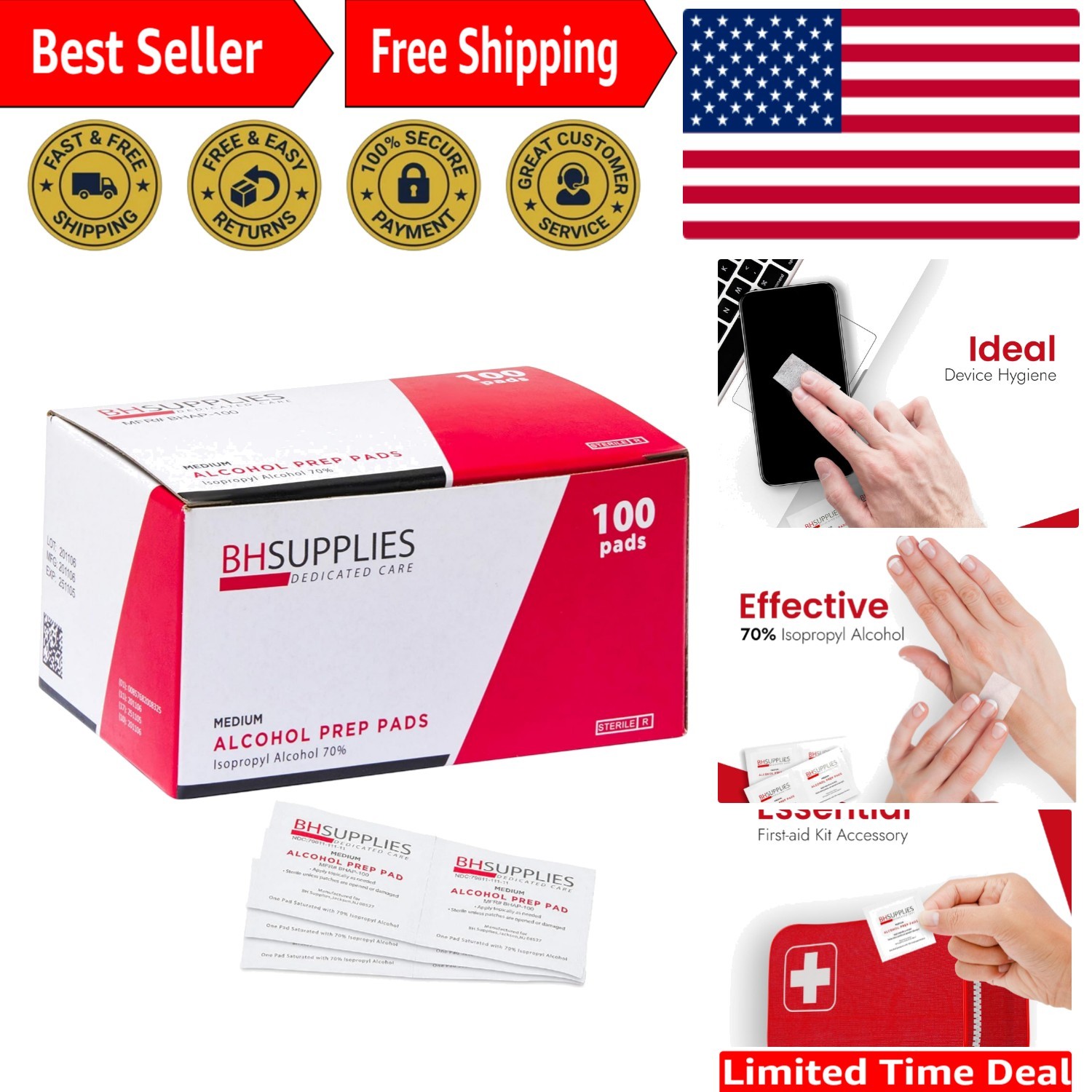 Individually Wrapped Alcohol Prep Pads | 100-Pack of 70% Isopropyl Alcohol Wipes