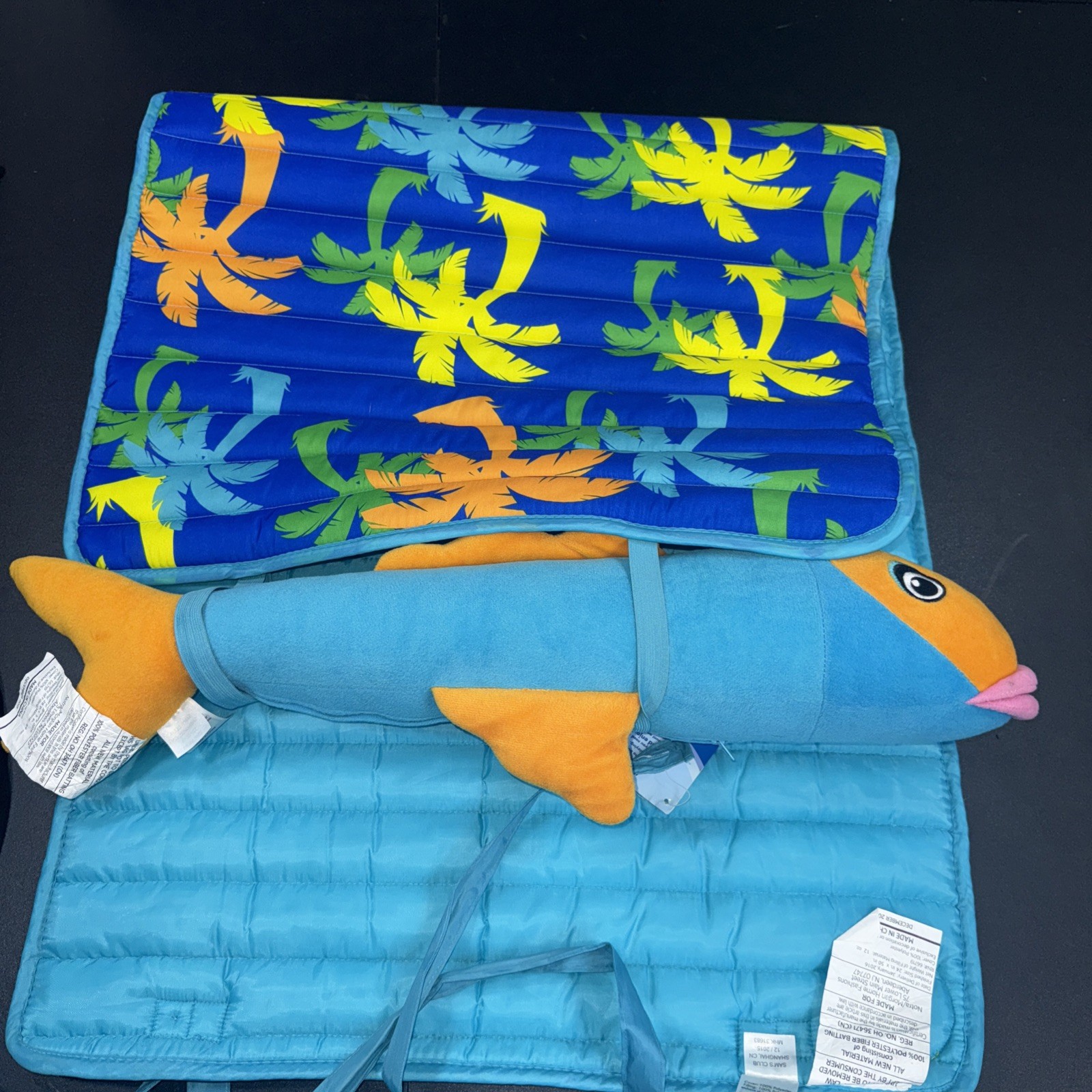 Banana Boat Roll Up Beach Mat w/ Fish Plush Pillow 47"x 24" Blue Orange Camping