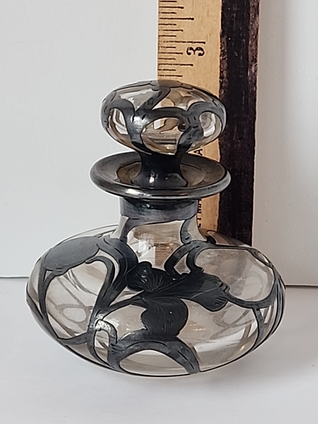 Antique Sterling Silver Overlay Art Nouveau Perfume Bottle Iris Flower READ