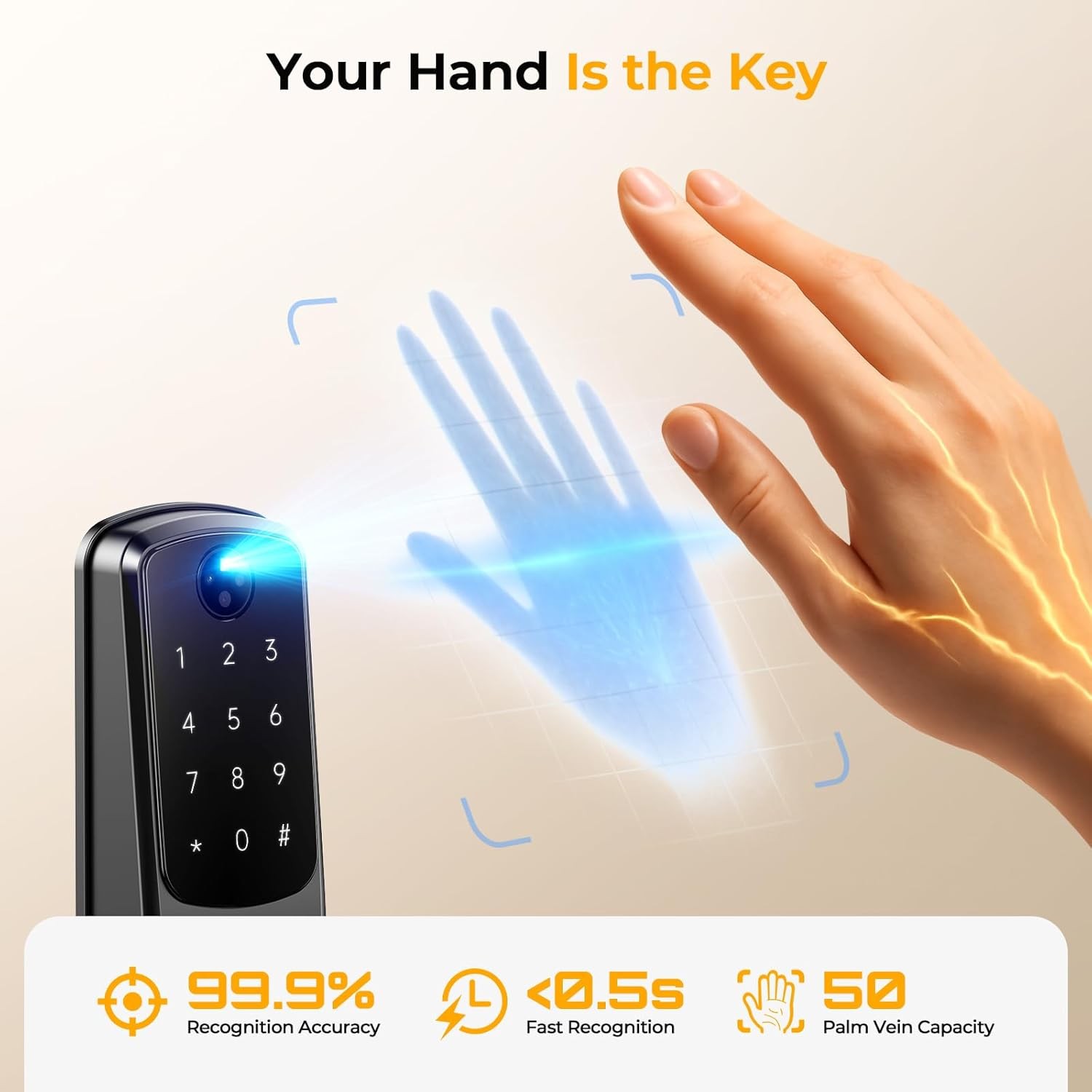 Palm Lock, Smart Door Lock with Palm Vein Recognition, Keyless Entry with Handle