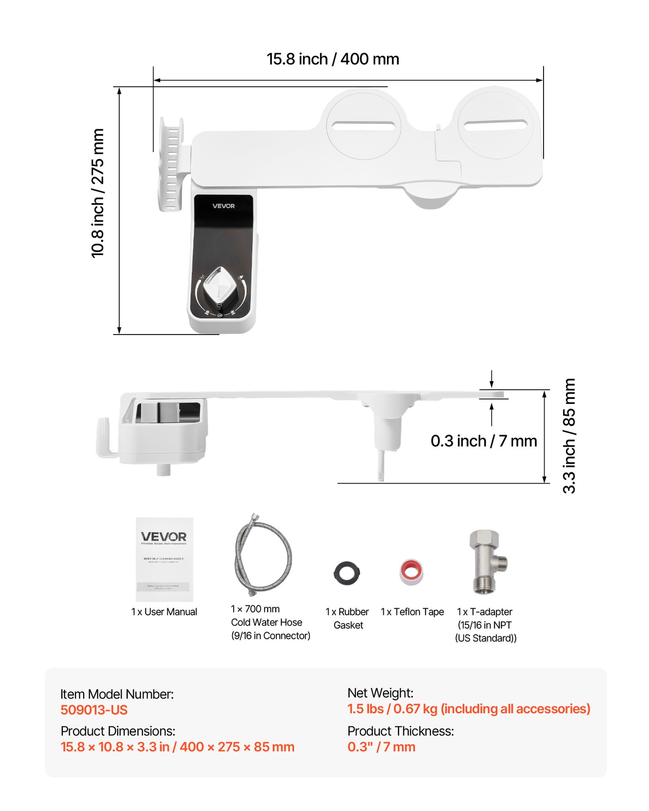 VEVOR Bidet Attachment for Toilet 0.3" Thin Dual Nozzles Adjustable Pressure