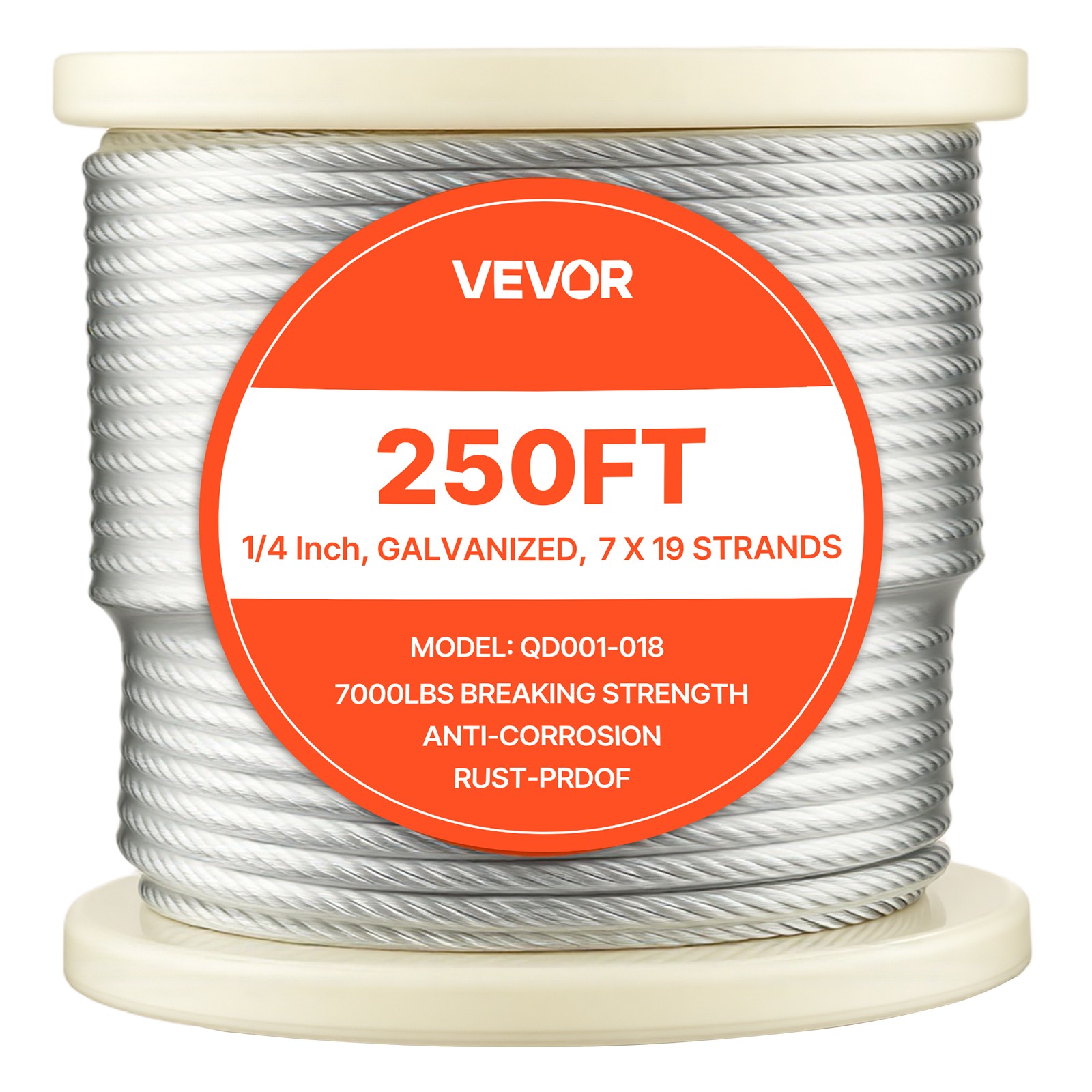 VEVOR Galvanized Carbon Steel Cable 1/4 in 7 x 19 Wire Rope 250 ft Cable Railing