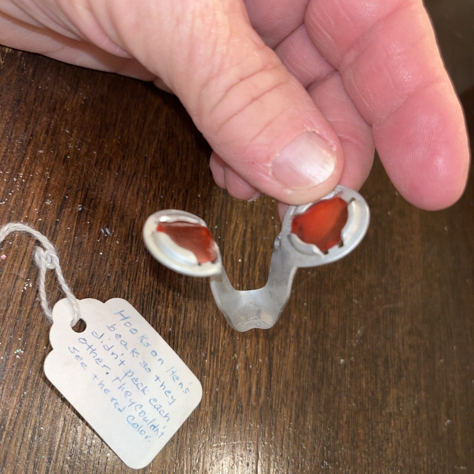 Vtg. Pair of Red Chicken Glasses Anti Pix with hand written instructions