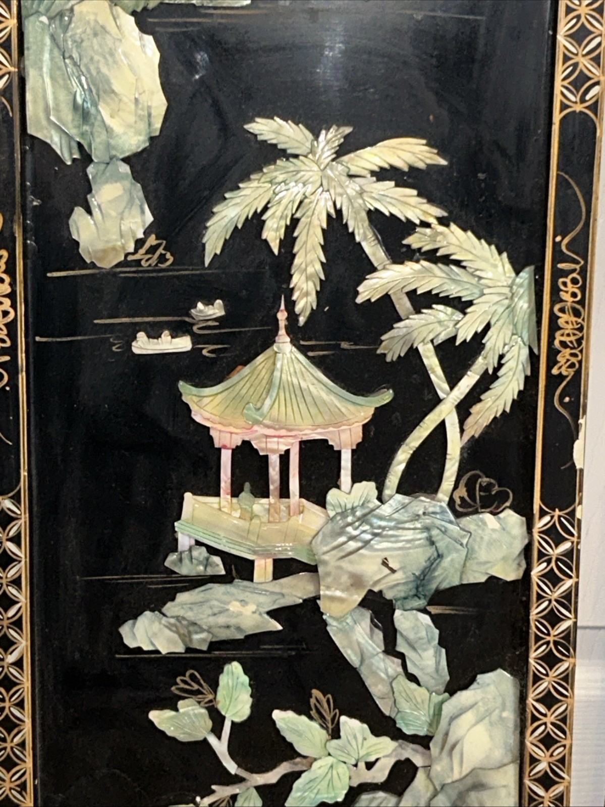 3 Vintage Laquered Asian With Mother of Pearl Panels 12”x 36” 2 Sets Available