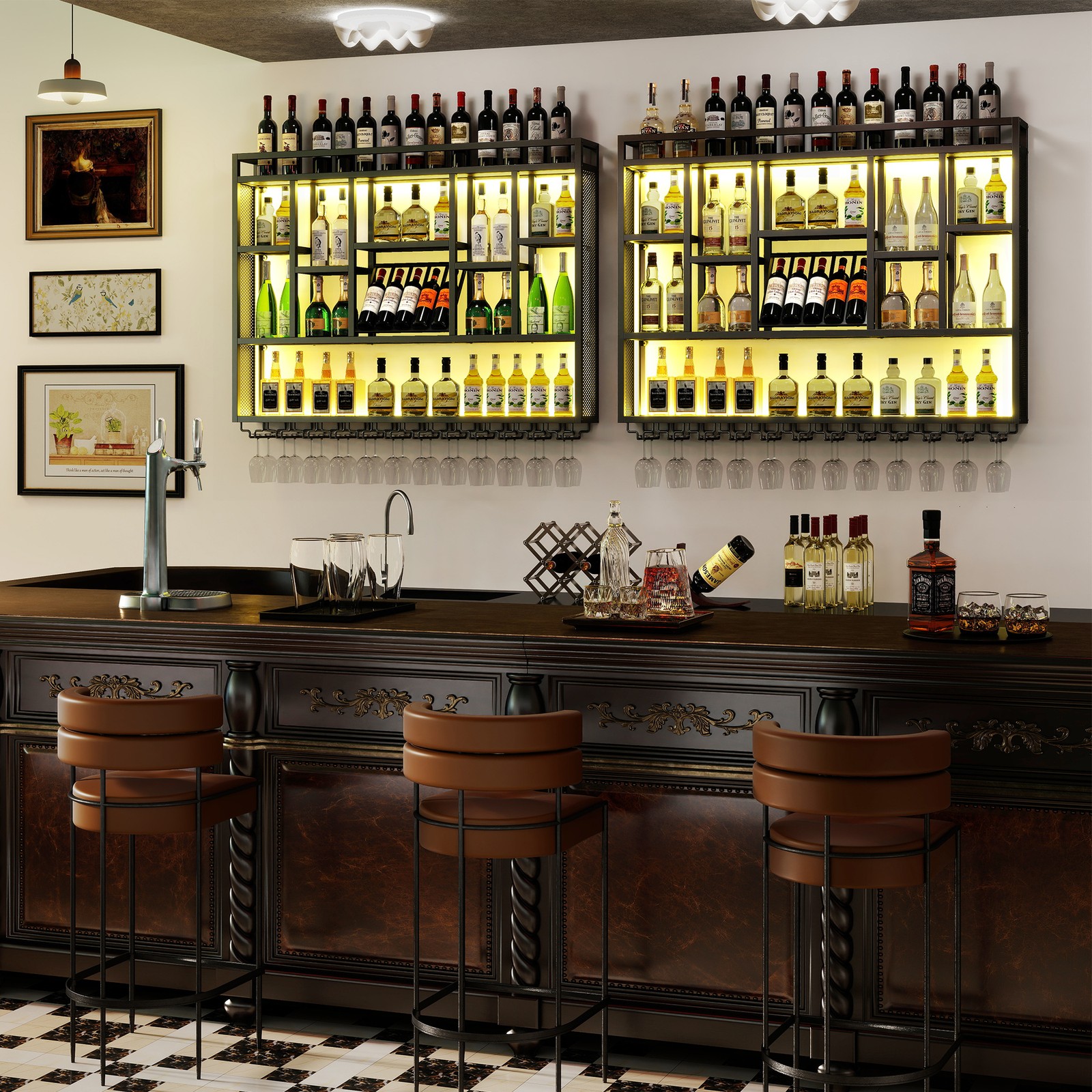 4-Tier Wall Mounted Wine Rack 59" Floating Bar Shelves w/ LED Light for Bar Cafe