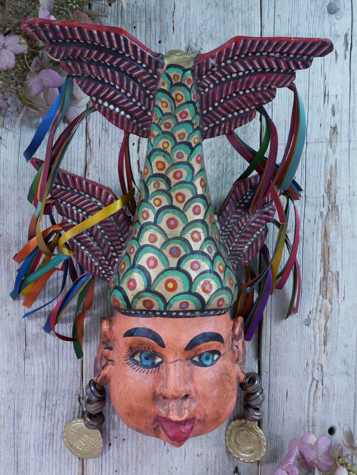 Merman Face & Fish Tail Mask Wood Hand Carved Painted Guerrero Mexican Folk Art