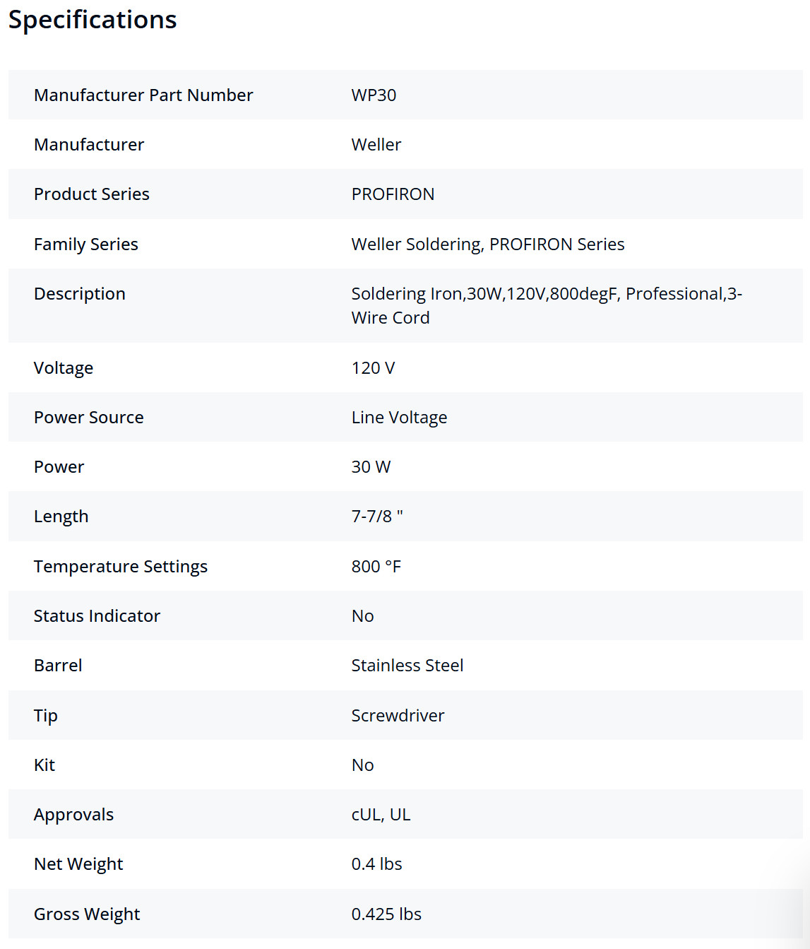 Weller WP30 Professional Soldering Iron 30W , 120 V, 800° F, 3-wire cord