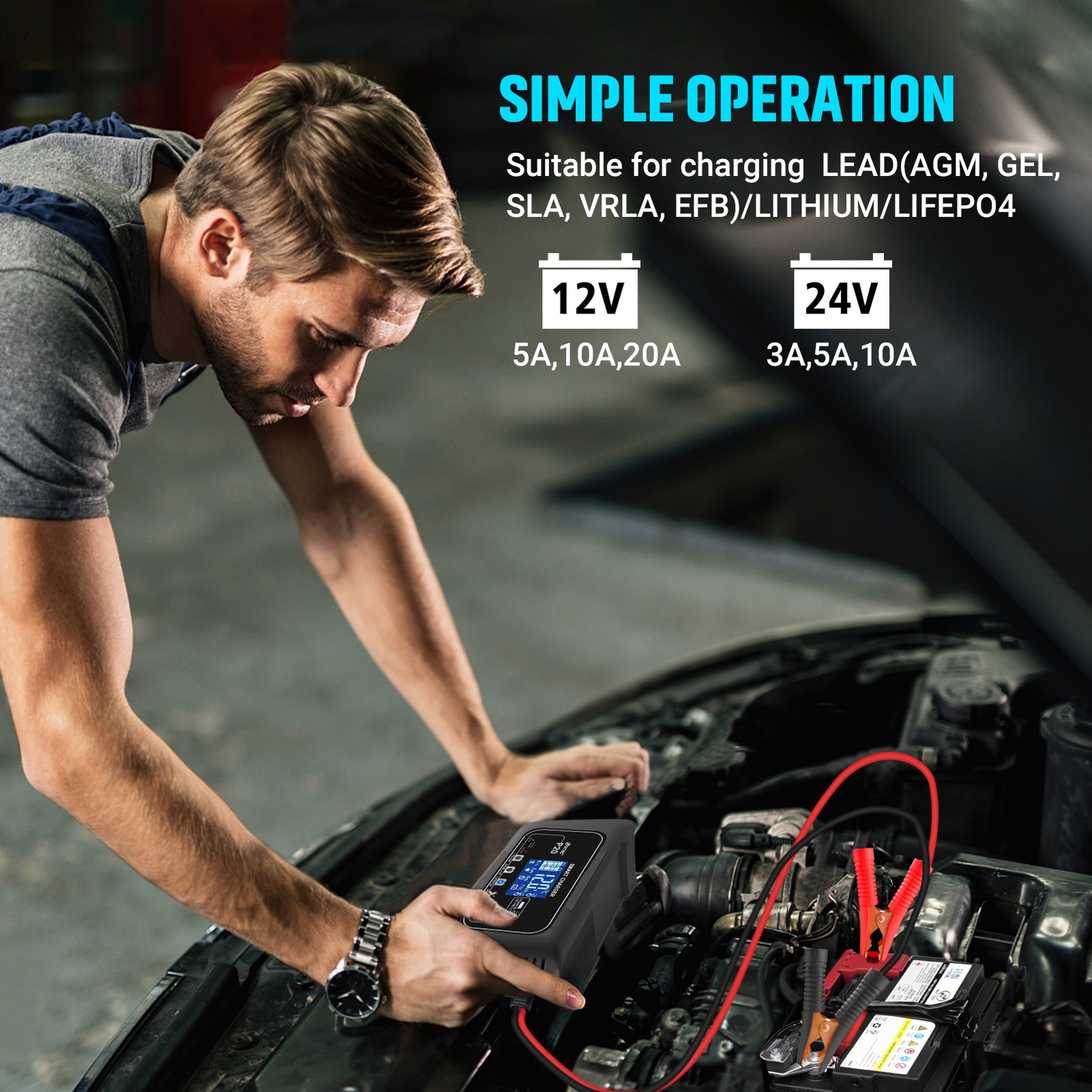 20-Amp Lifepo4 Lithium AGM Gel Smart Battery Charger, 12V/20A 24V/10A Maintainer