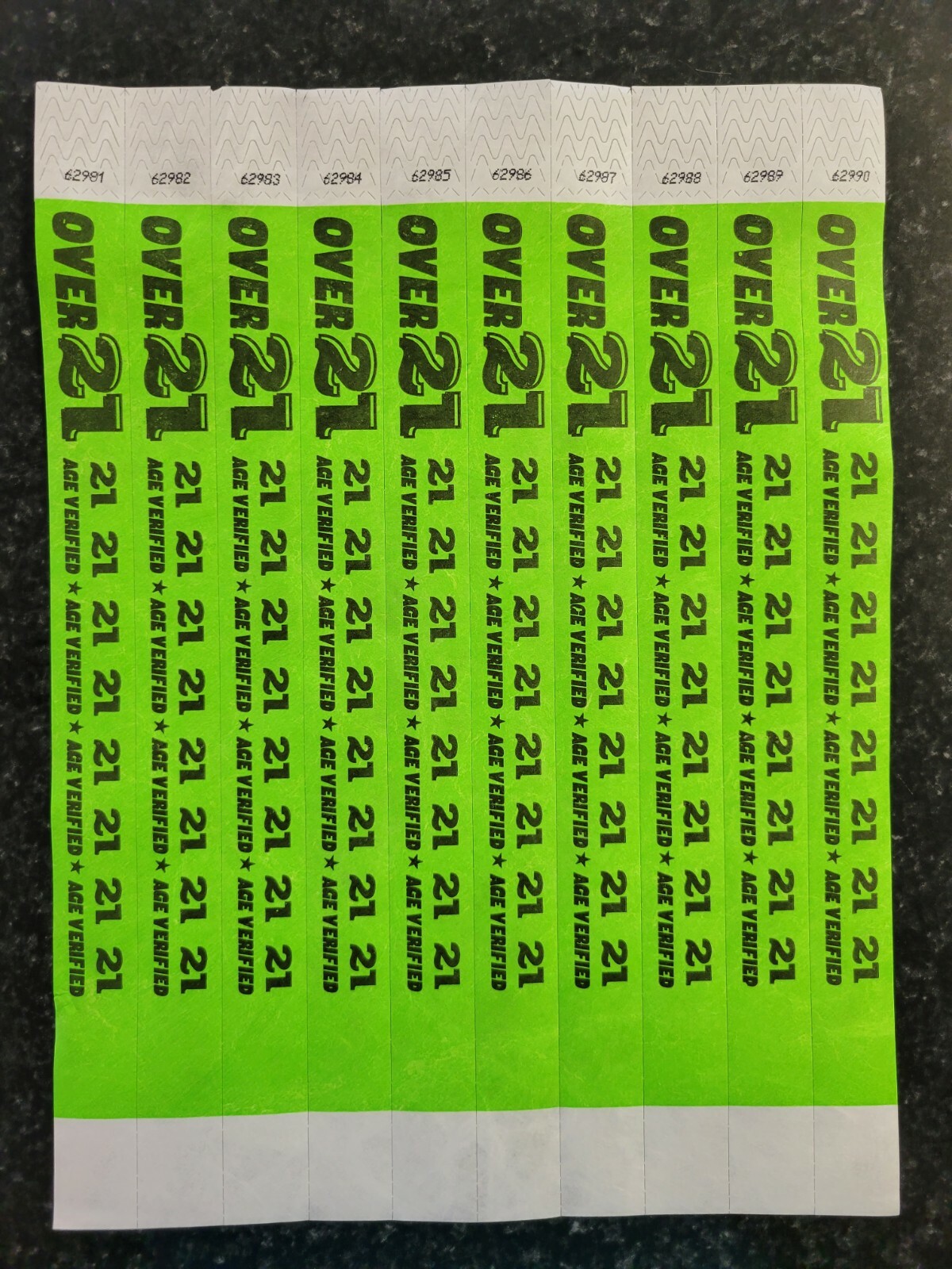 100-500 OVER 21 3/4" TYVEK WRISTBANDS, WRISTBANDS FOR EVENTS, PAPER WRISTBANDS