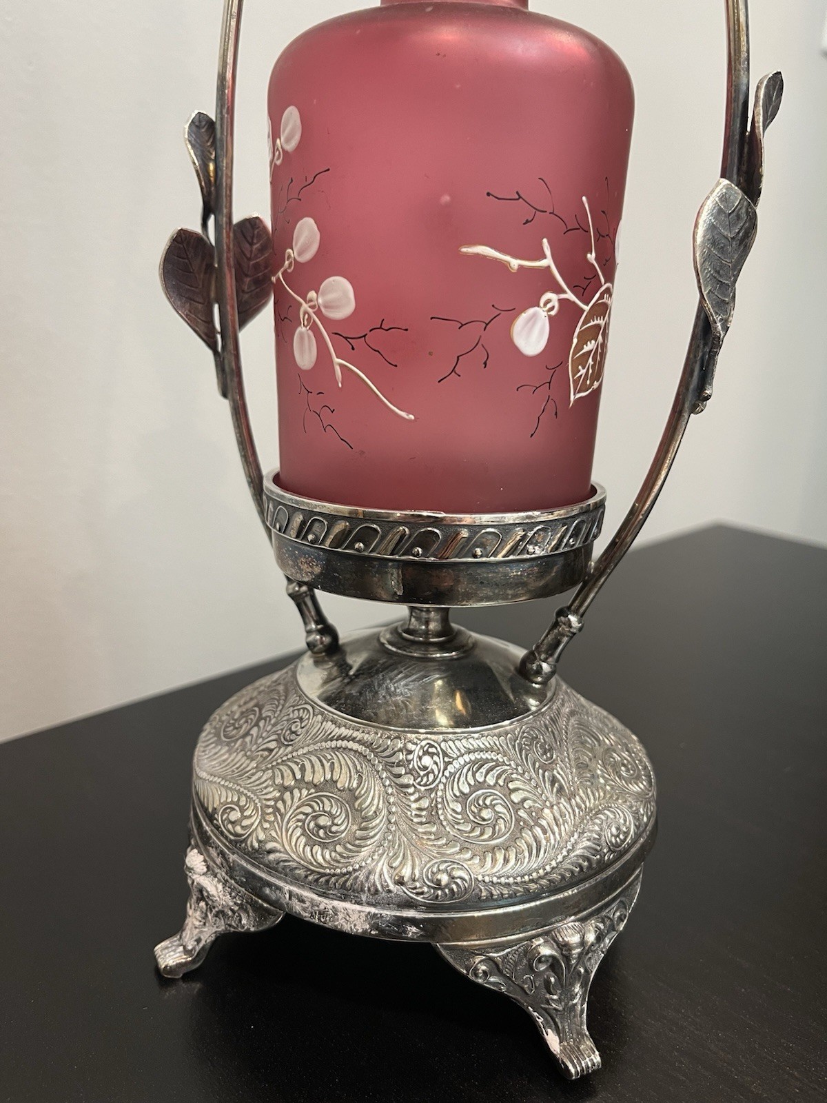 RARE Victorian Silver Plate Figural Perfume Castor Holder Cranberry Satin Glass