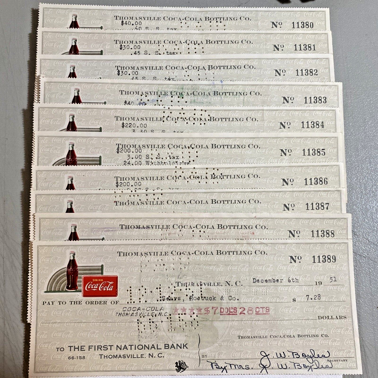1951 Coca-Cola Bottling CO Coke Canceled Check Thomasville, N.C. National Bank.