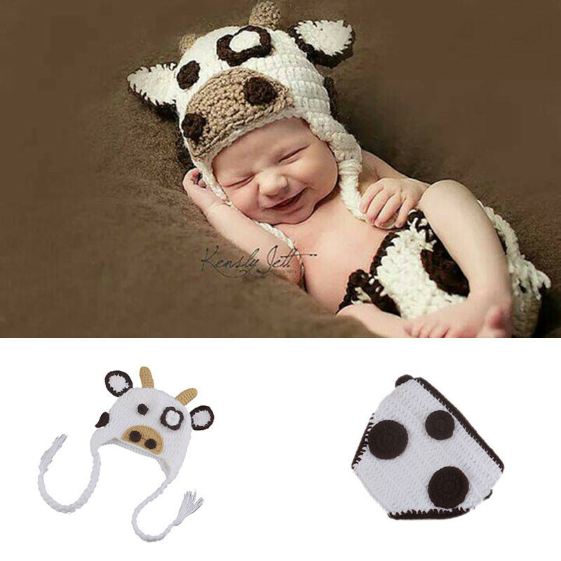 Newborn Baby Kids Knit Clothing Cow Shorts Hat Crochet Photography Studio Props