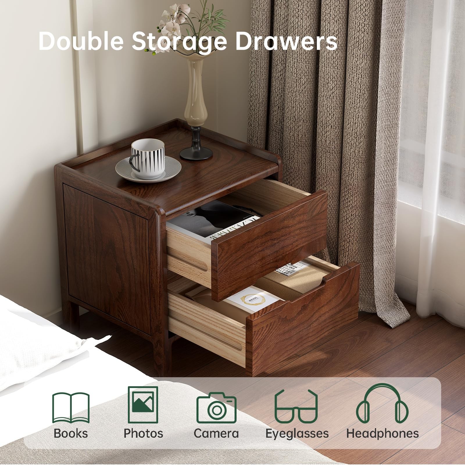 Walnut Night Stand Solid Oak Wood Mid Century Modern Bedside Table for Bedroom