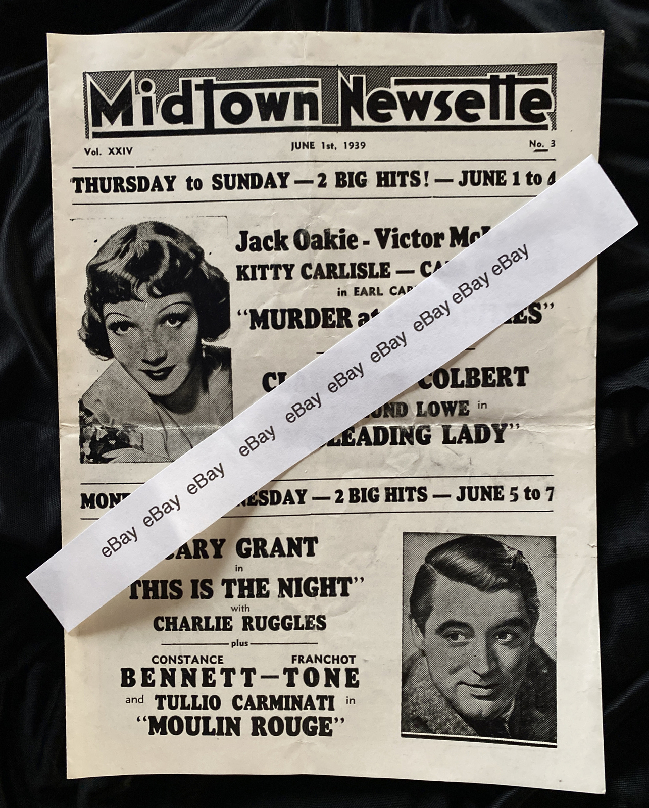 MIDTOWN NEWSETTE Vintage 1939 Movie Newspaper CLAUDETTE COLBERT Cary Grant MORE