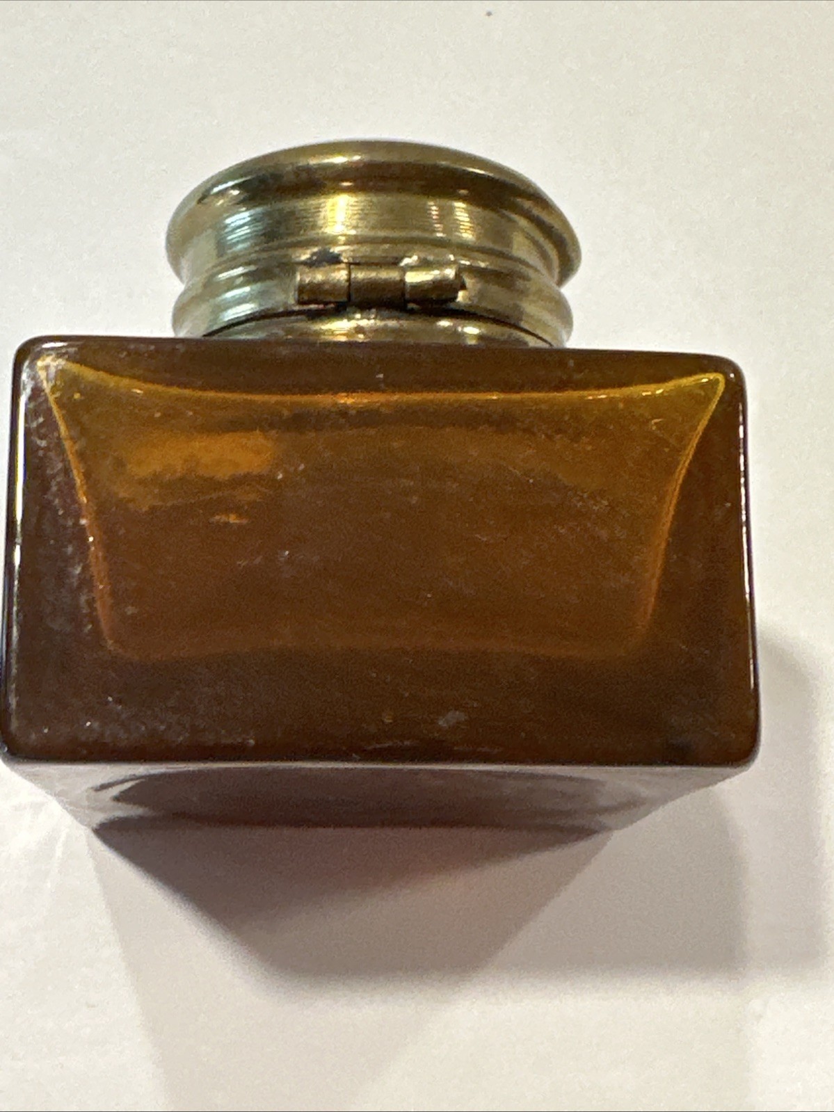 Vintage Amber Glass Inkwell with Brass Cap - Small Collectible Ink Pot