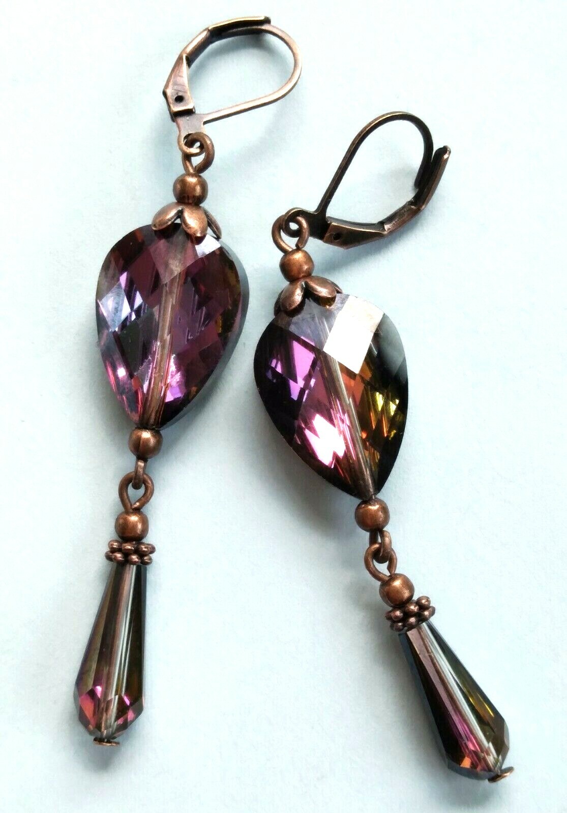 colorized BURGUNDY BLACK dangle crystal earring COPPER LEVERBACK handmade XCBA