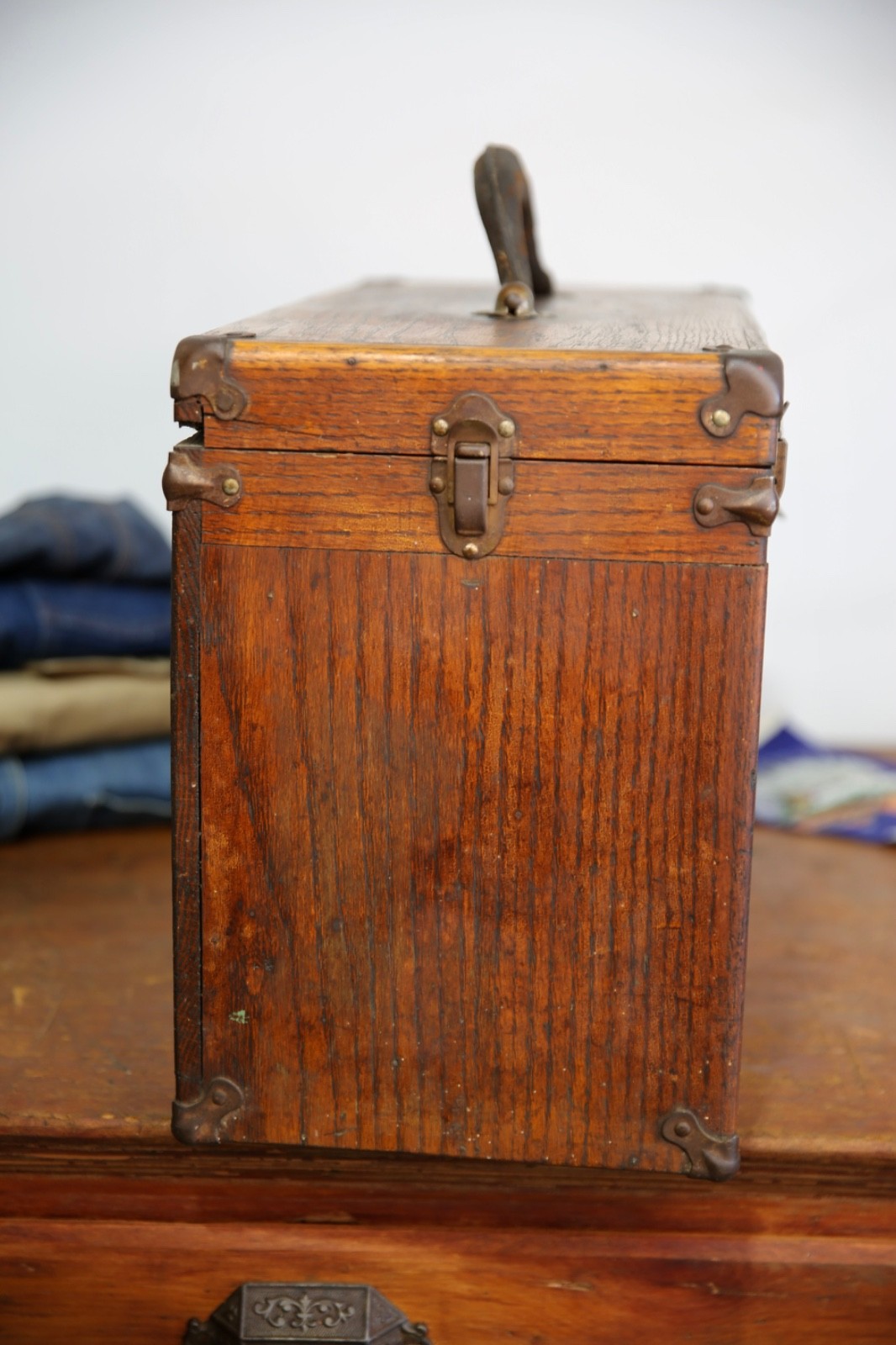 Antique Machinist Tool Box oak chest Wood Jewelry box 7 Drawer Vintage case