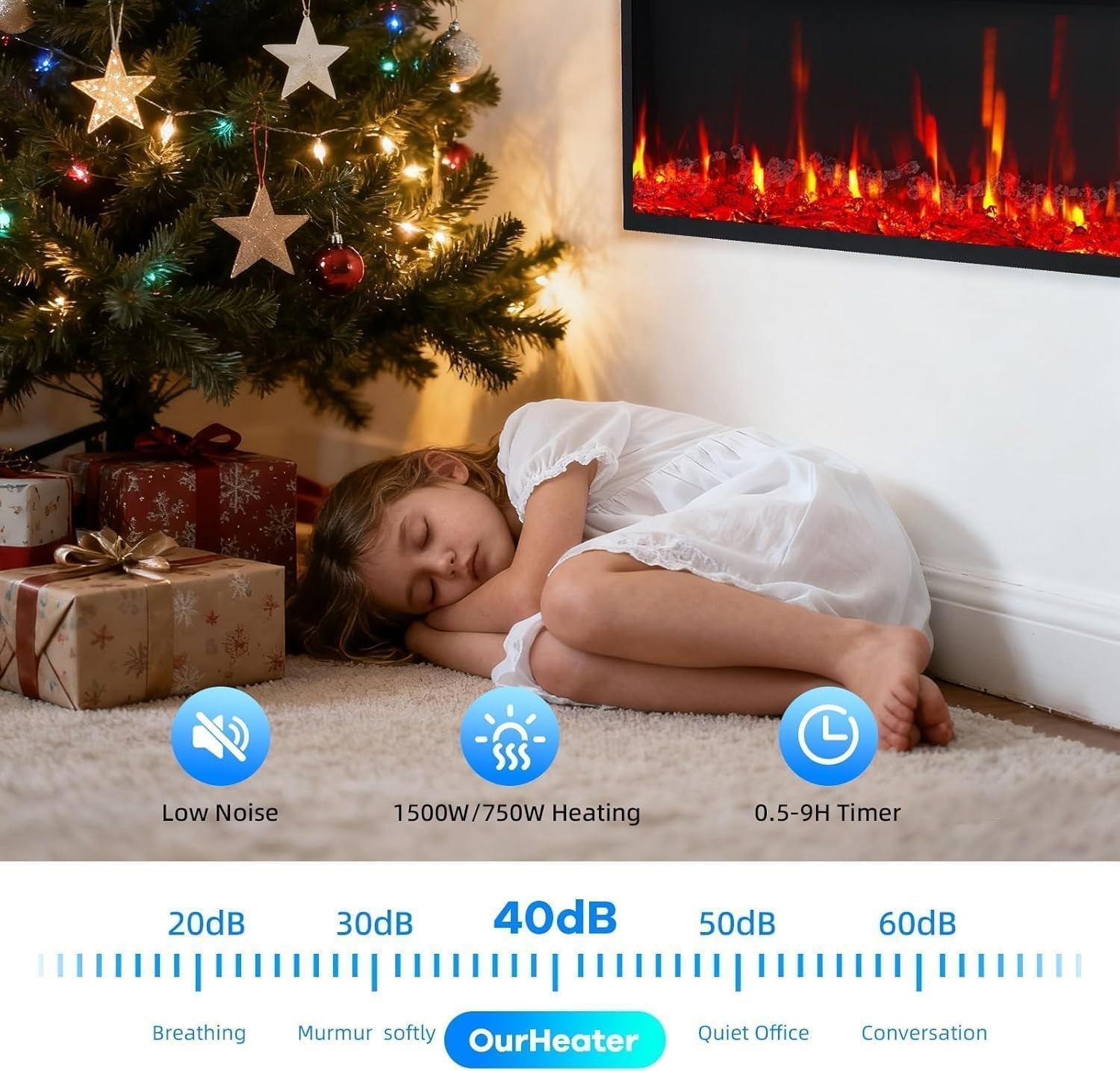 50" Electric Fireplace Recessed Insert or Wall Mounted Standing Electric Heater