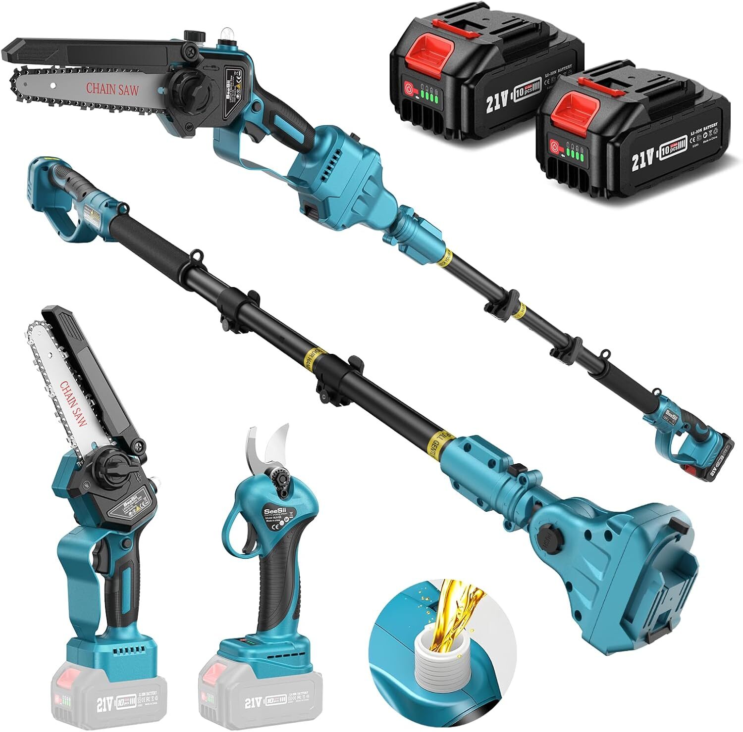 4-in-1 Cordless Pole Saw Chain Saw Pruning Shears Combo Kit 16ft Reach 2*4000mAh