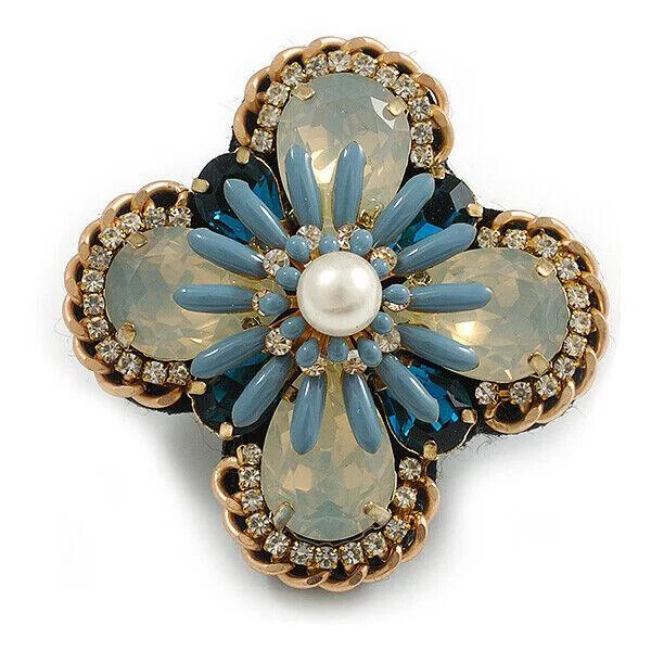 Vintage Inspired Crystal Pearl Rhinestone Flower Shape Cross Brooch