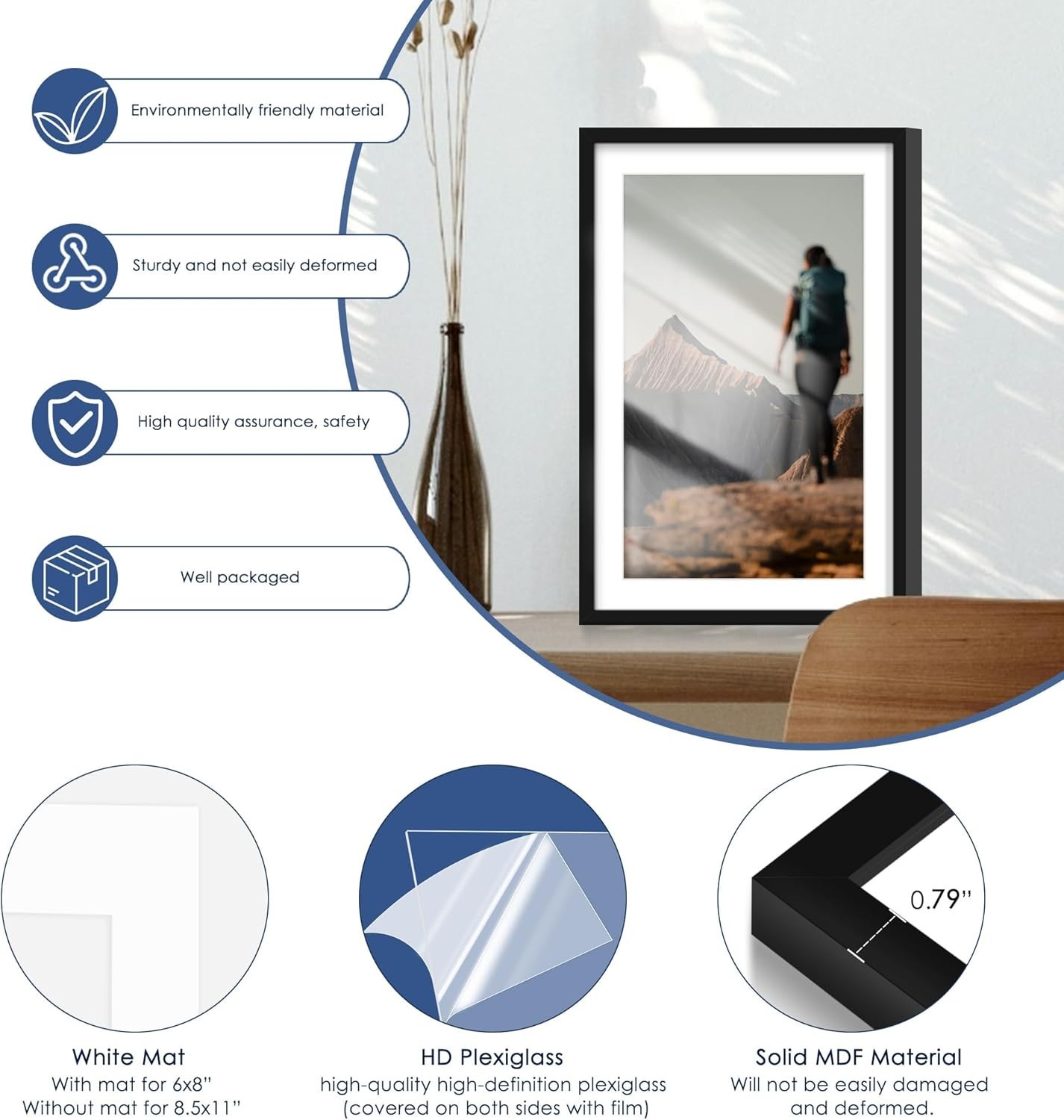 13X19 Picture Frame Set of 6, Display Pictures 11 X 17 with Mat or 13 X 19 witho