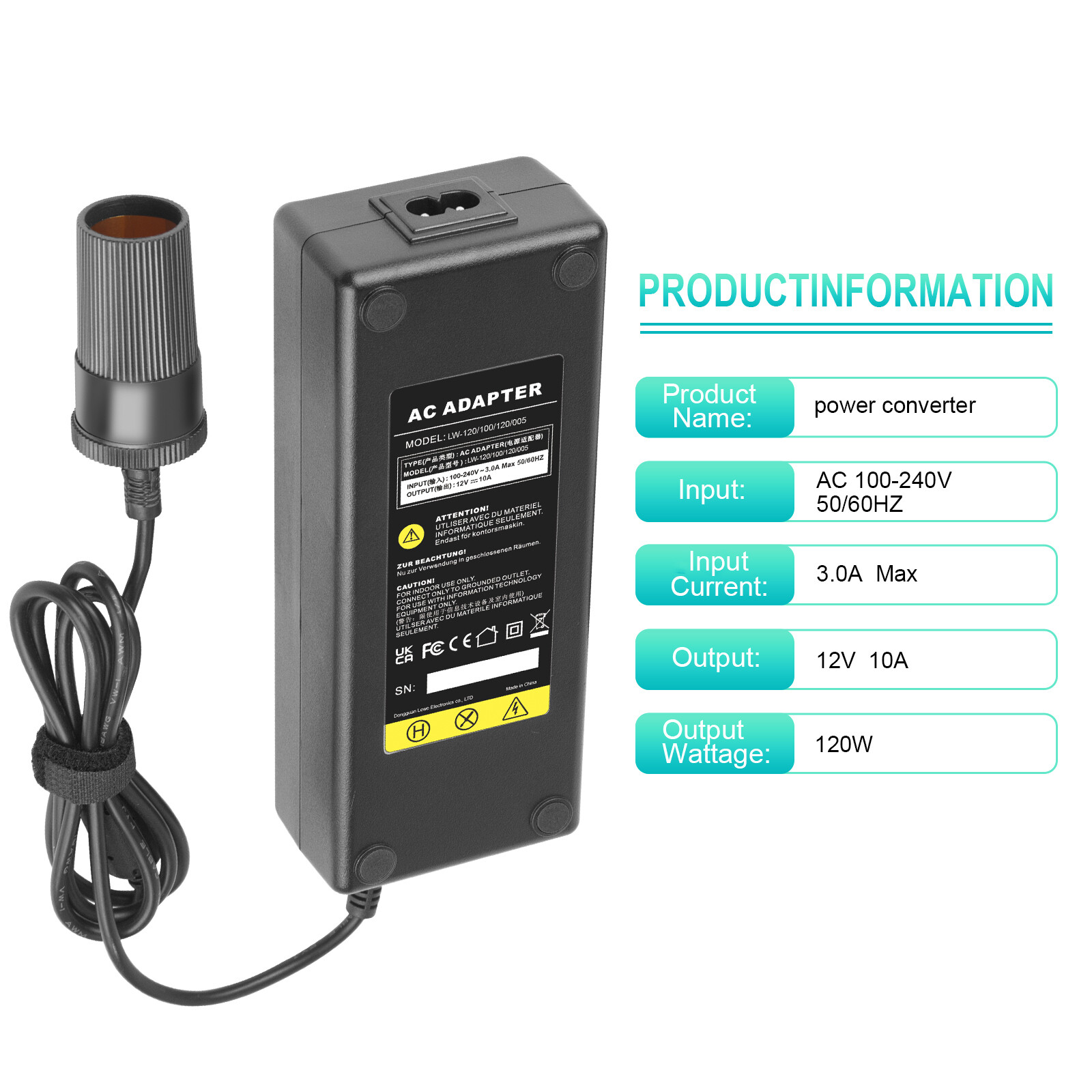 110V AC to 12V Car Cigarette Lighter DC 10A 120W Power Adapter Converter Charger