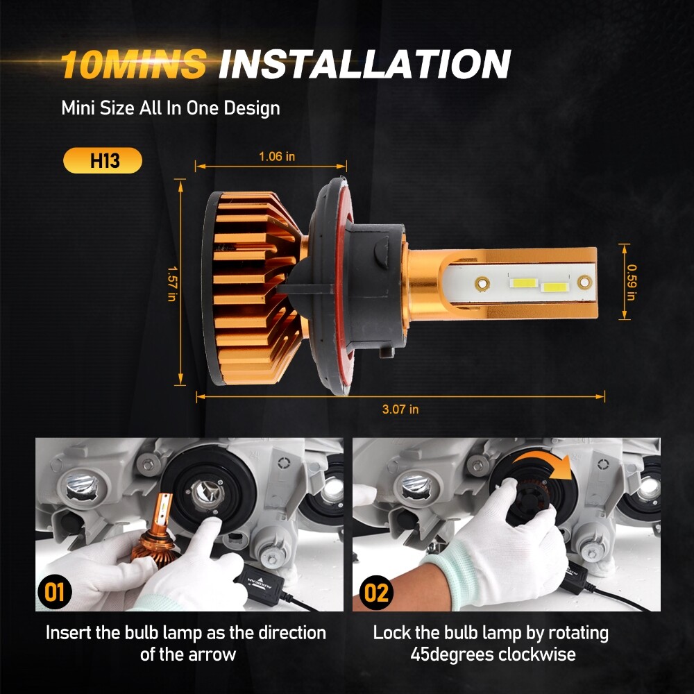 AUXBEAM 9008 H13 LED Headlight Bulbs Kit High Low Beam Super Bright Canbus 6500K