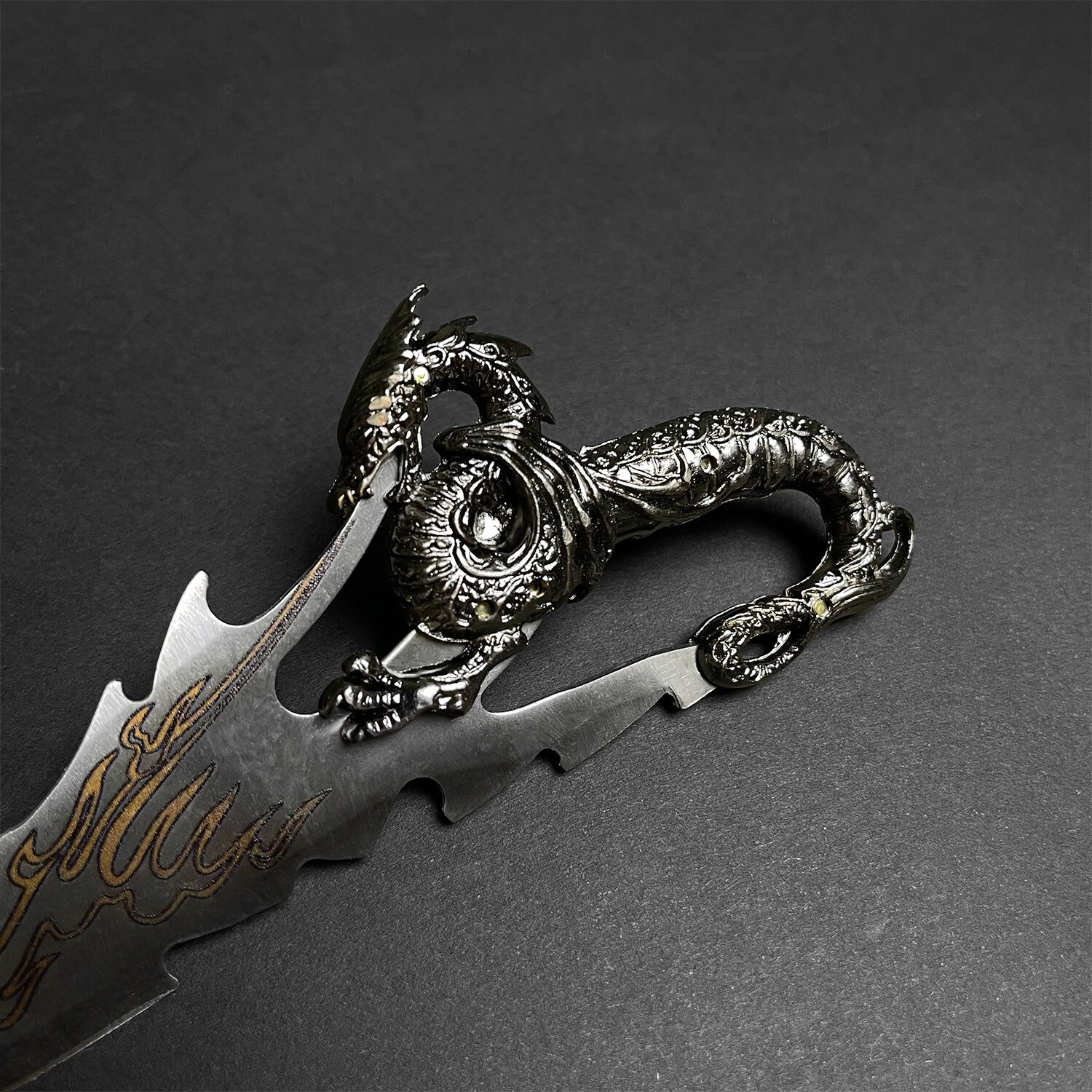 7.5" Fantasy Dragon Knife with Wood Display Stand, Silver