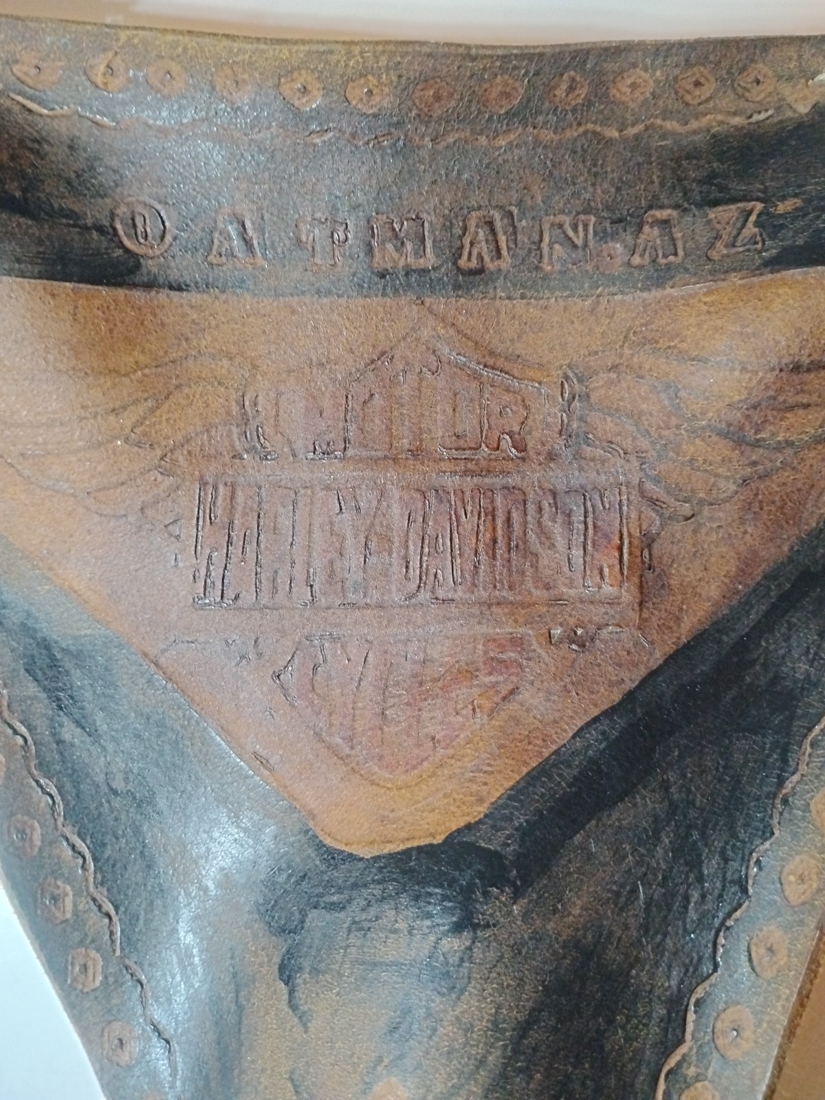 Vintage Leather Harley Davidson Tripod Stool Cover Saddle Hand Tooled Oatman, AZ