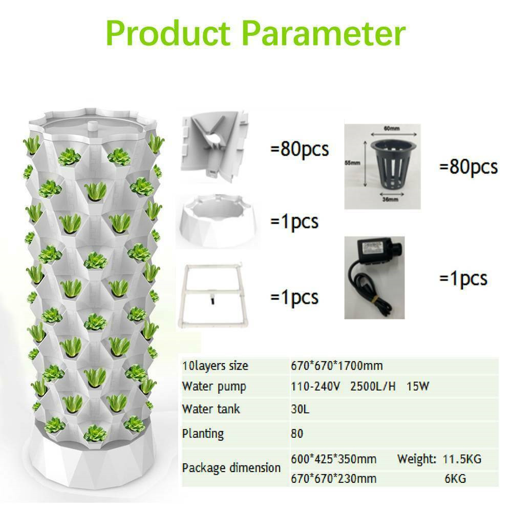 80 Pot Vertical Hydroponics Tower Systems Growing Kit Plant Garden Home US