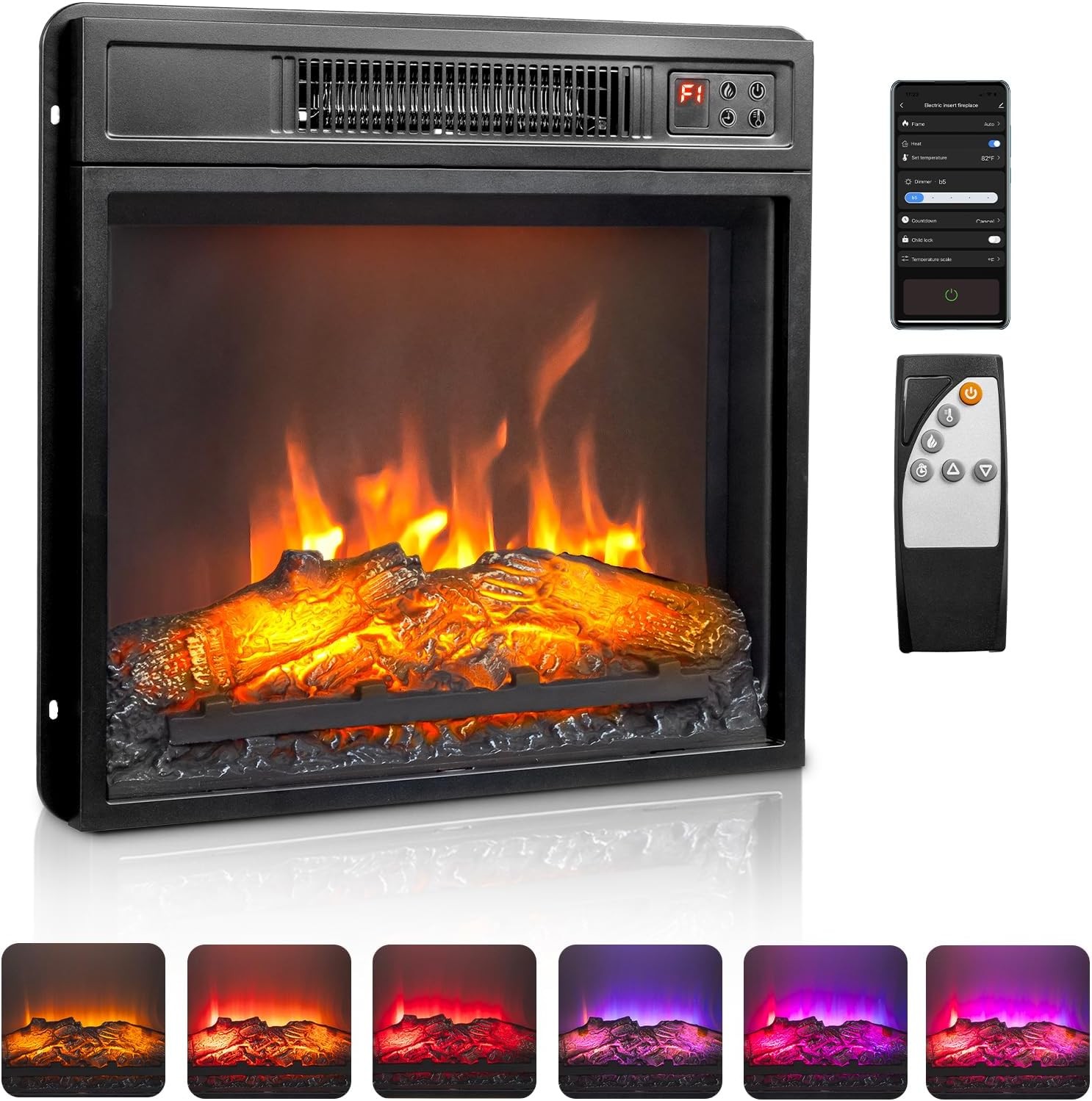 18" Electric Fireplace Insert Heater w/Remote, APP, 6 Color Adjustable Flames
