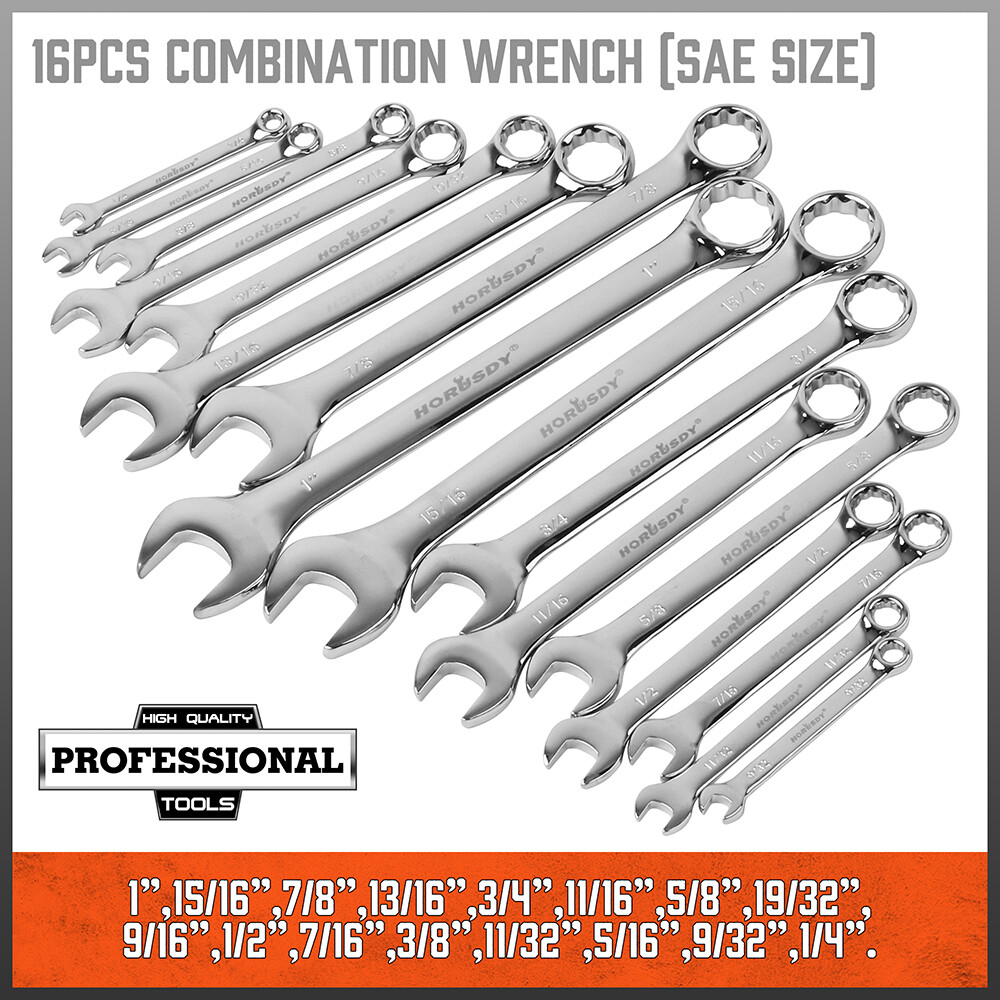 32PC Wrench Spanner Set SAE Metric 1/4"-1" 7-22mm 12 Point Box End Storage Case