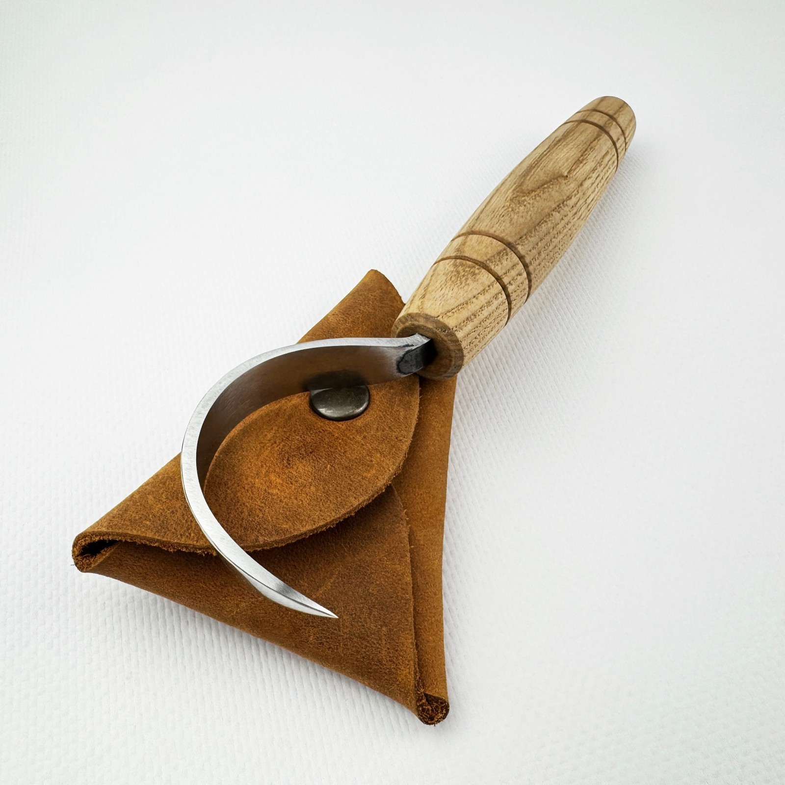 Hand-Forged Hook Knife – 52100 Steel Blade, Ash Handle, With Leather Sheath