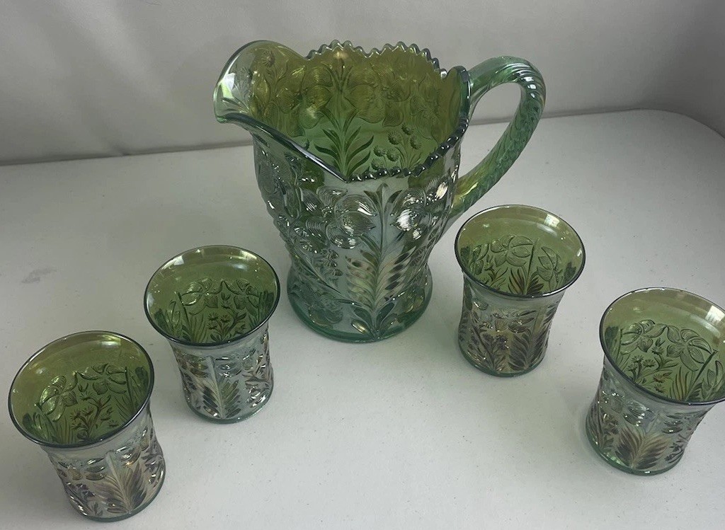 RARE IMPERIAL GREEN CARNIVAL GLASS TIGER LILY PATTERN 5 PC WATER SET