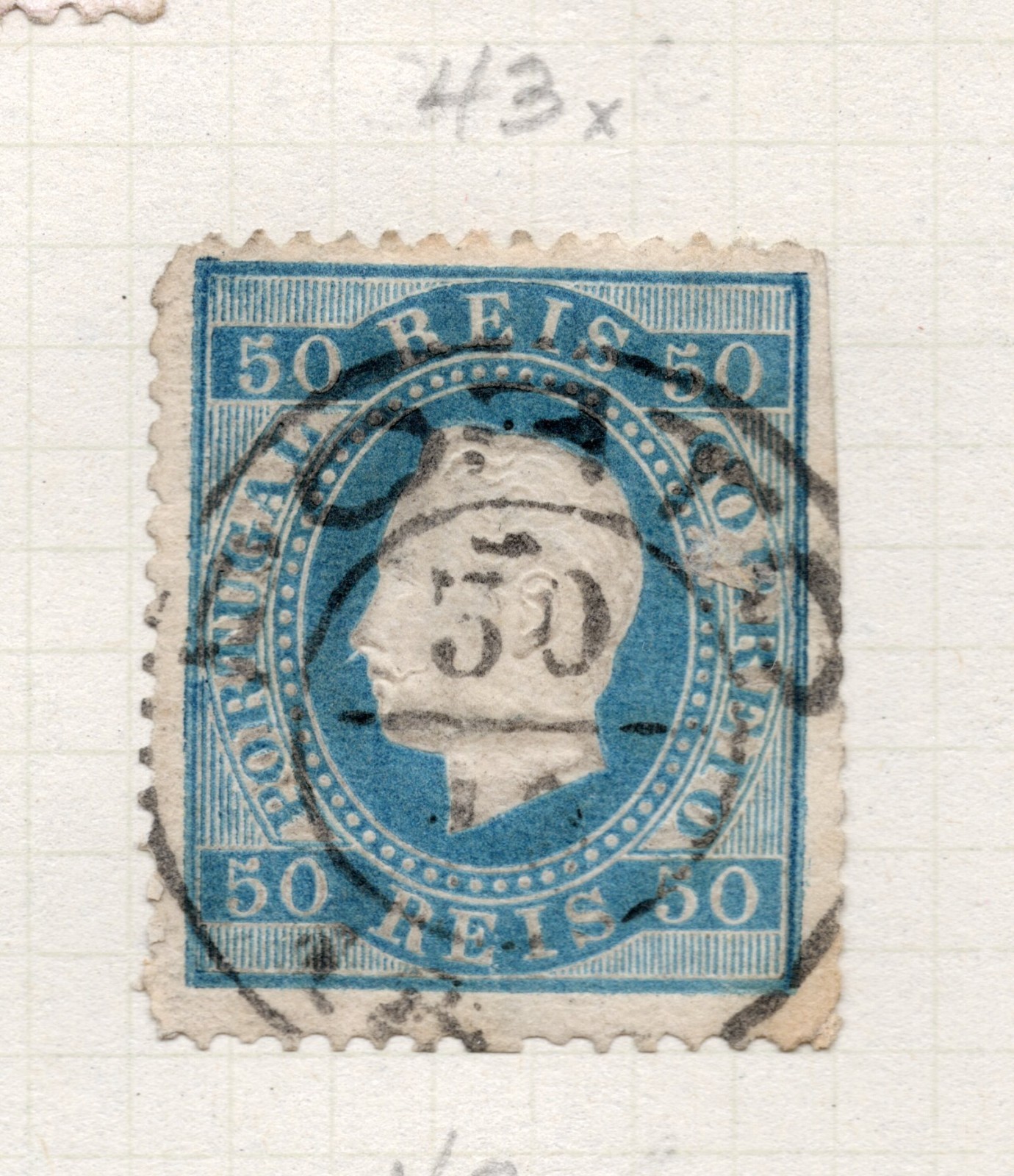 Portugal 1870-84 King Luiz 50 Reis blue Used VLH Scott Cat# 43